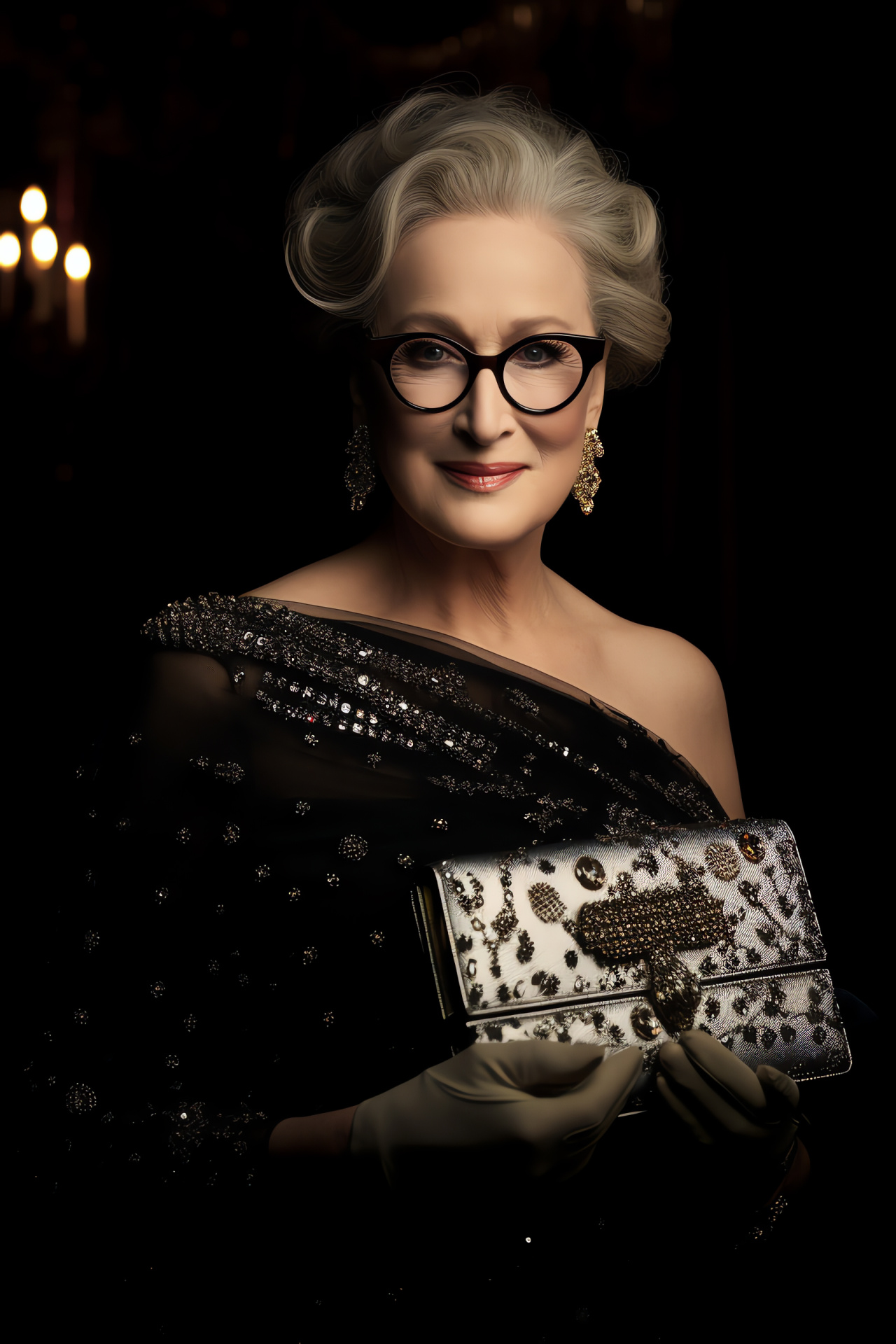 Meryl Streep portraiture, Screen character portrayal, Fashion film, Majestic air, Engaging grin, HD Phone Wallpaper