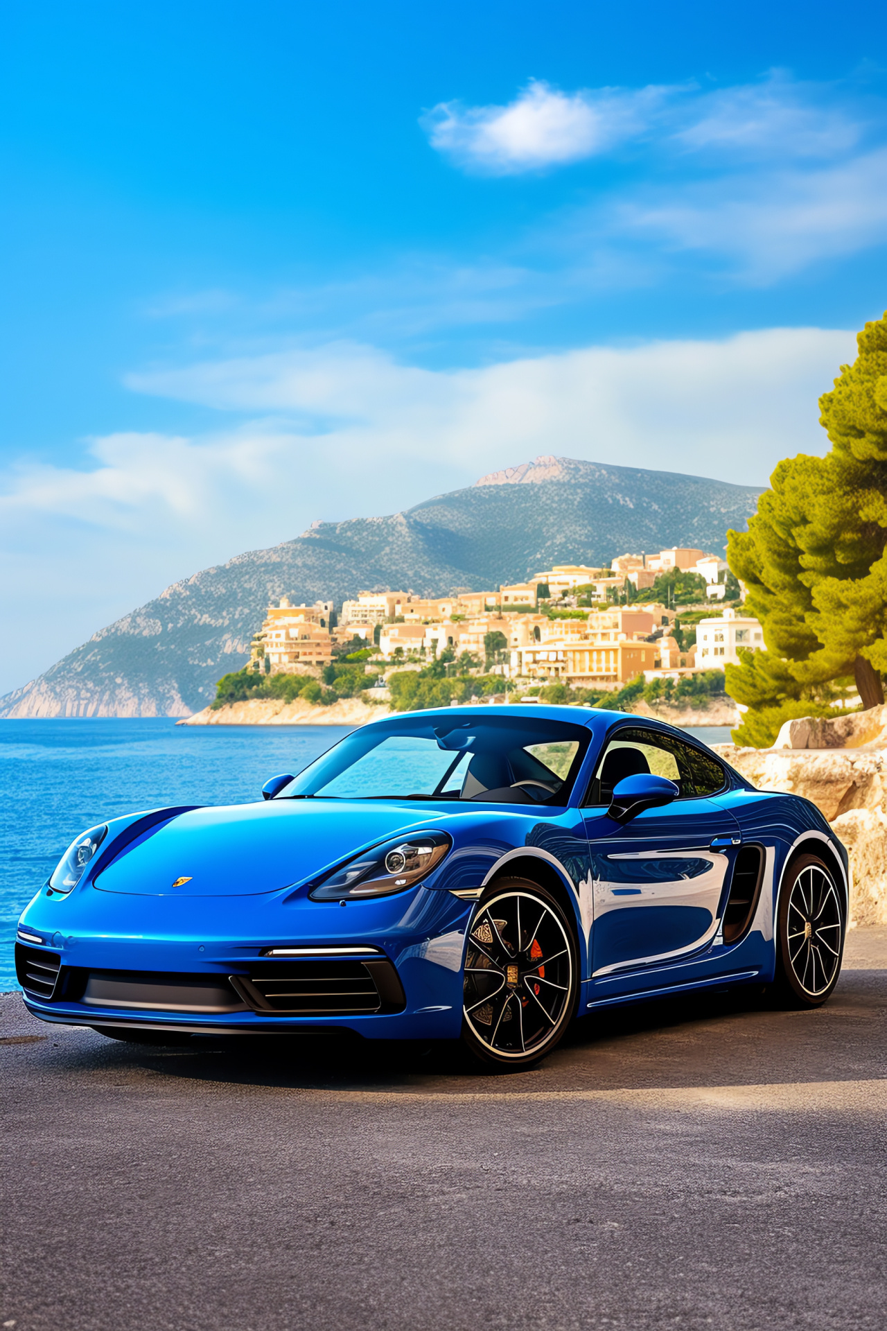 Porsche Cayman R version, French Riviera scenario, Electric blue hue, Pleasure drive, Mediterranean landscape, HD Phone Wallpaper