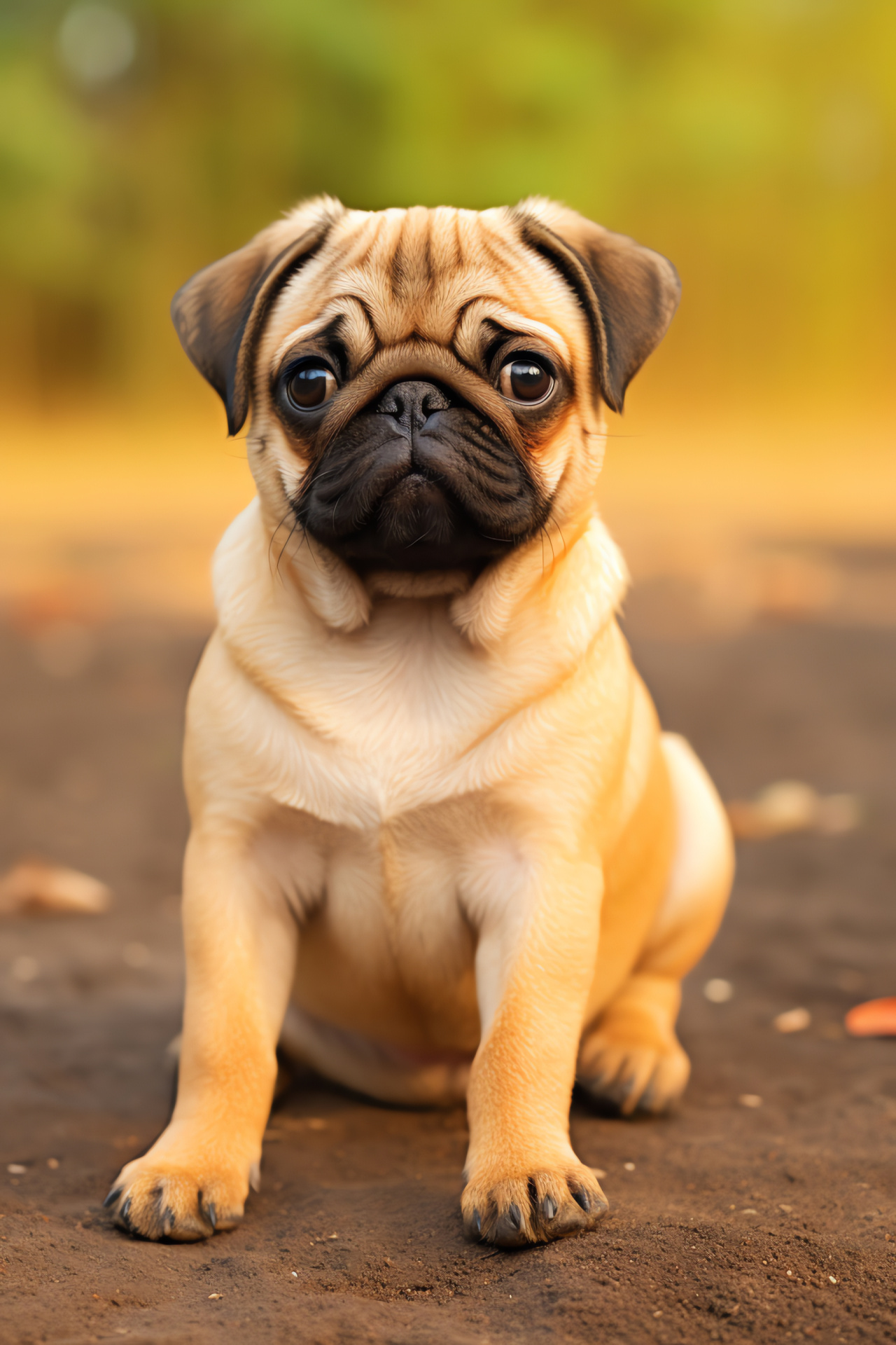 Pug breed, fawn fur, canine playfulness, compact size, orange backdrop contrast, HD Phone Wallpaper