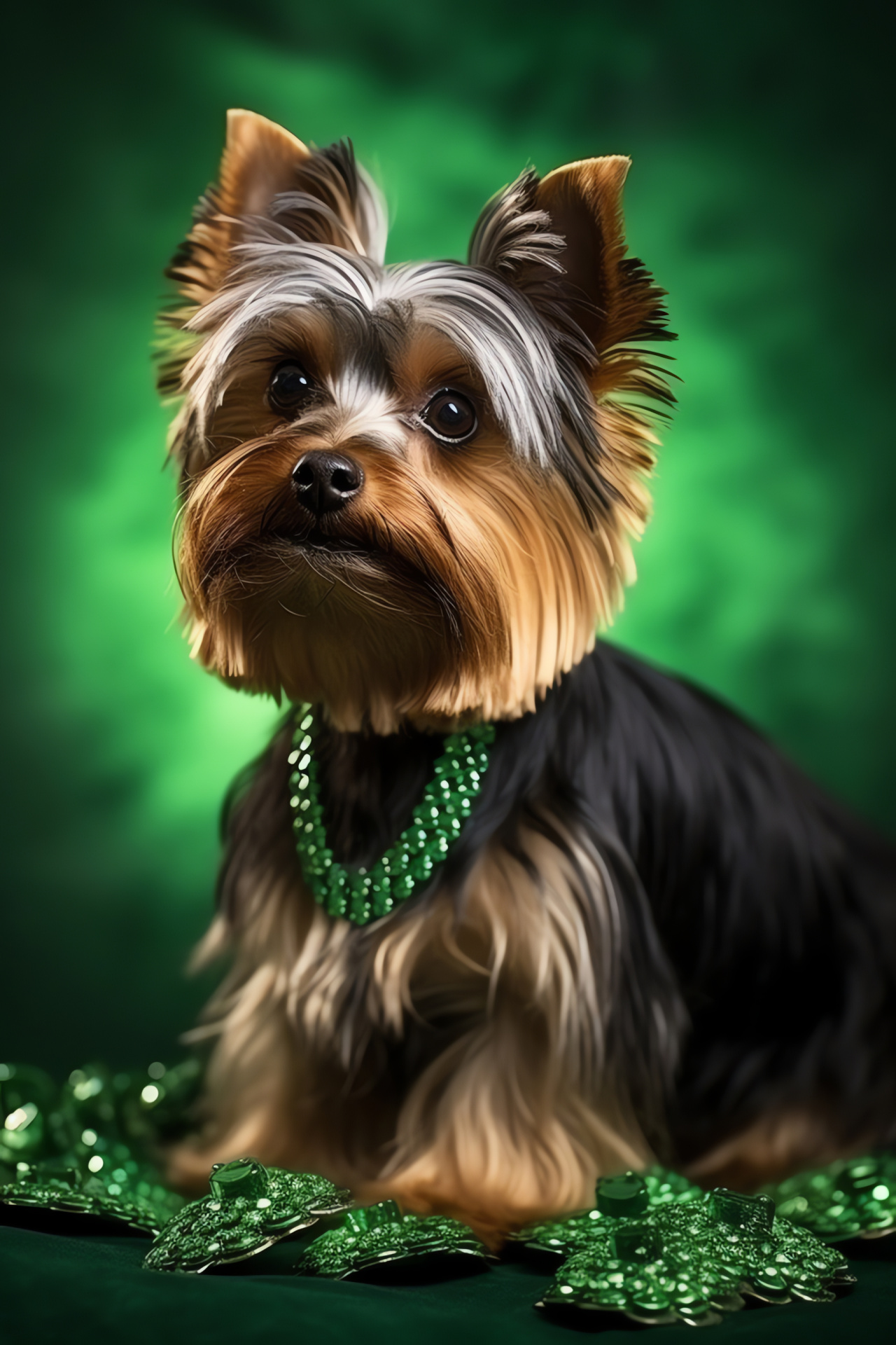 Yorkie portrayal, Verdant gaze, Profile stance, Contrasting fur, Dual-tone background, HD Phone Wallpaper