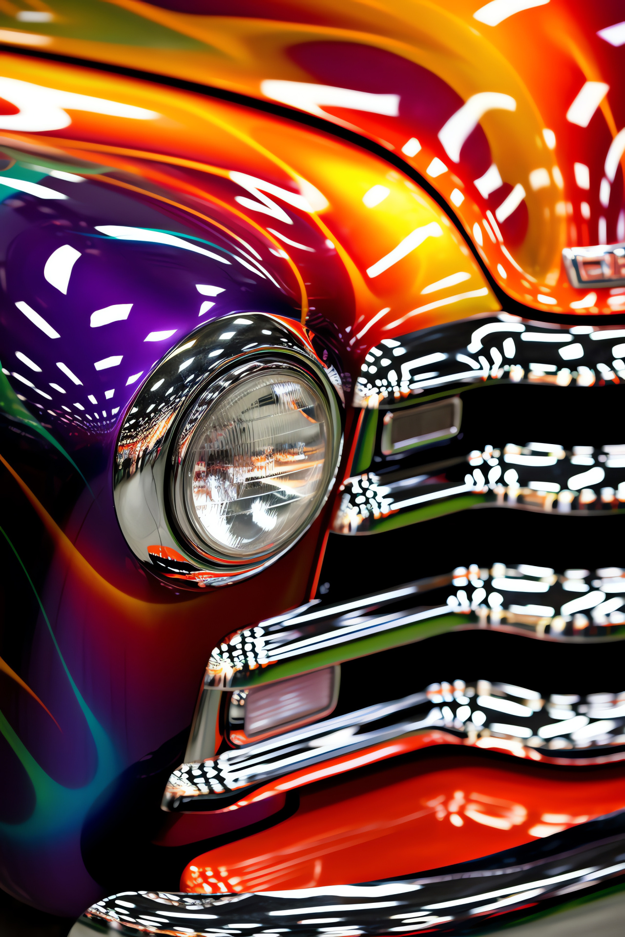 Show Chevy, Auto exposition, Flames decoration, Glossy wooden planks, Shiny embellishments, HD Phone Wallpaper