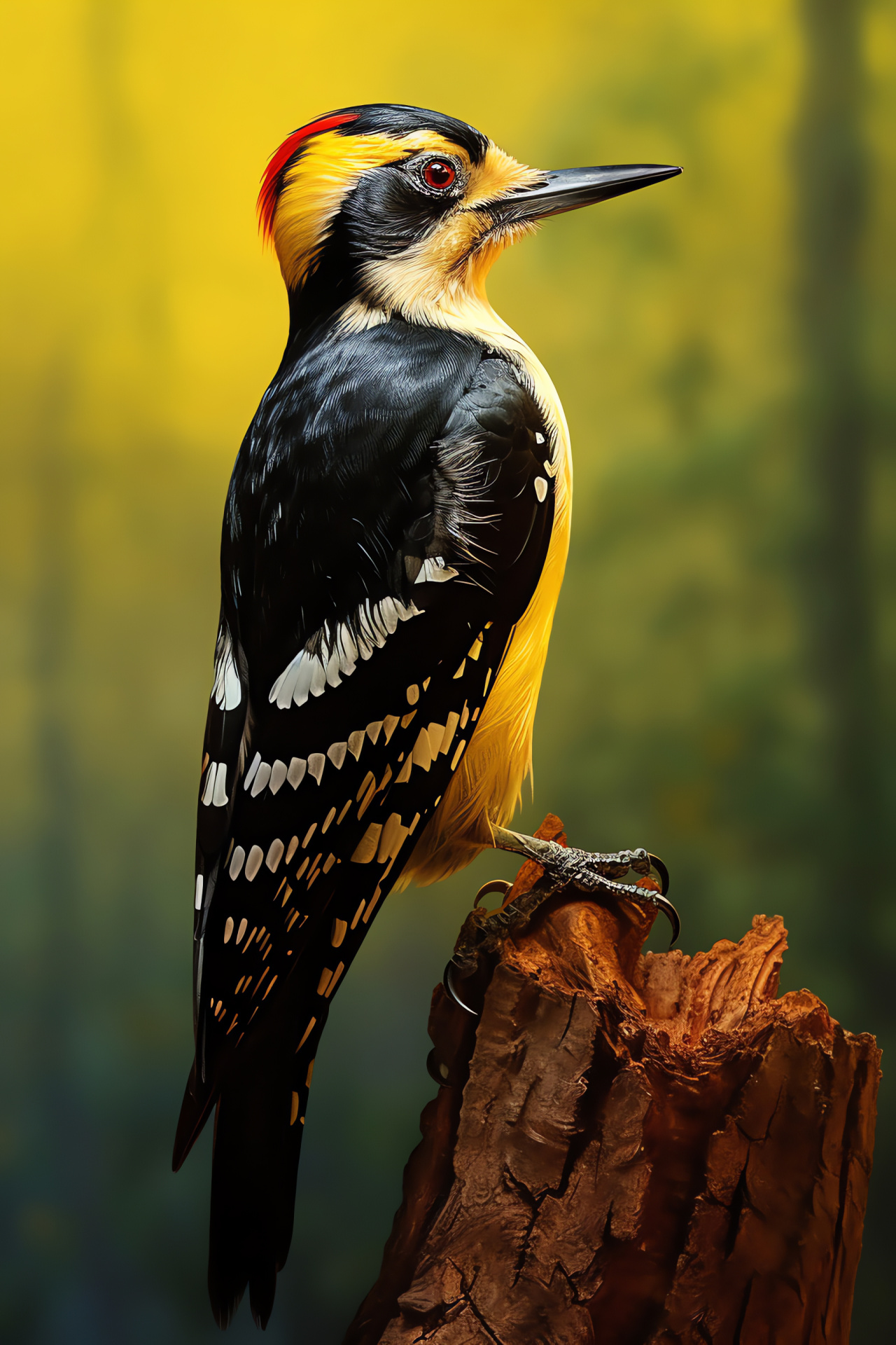 Woodpecker species, Yellow-black bird, Avian visual impact, Dual color backdrop, Distinctive bird feature, HD Phone Image