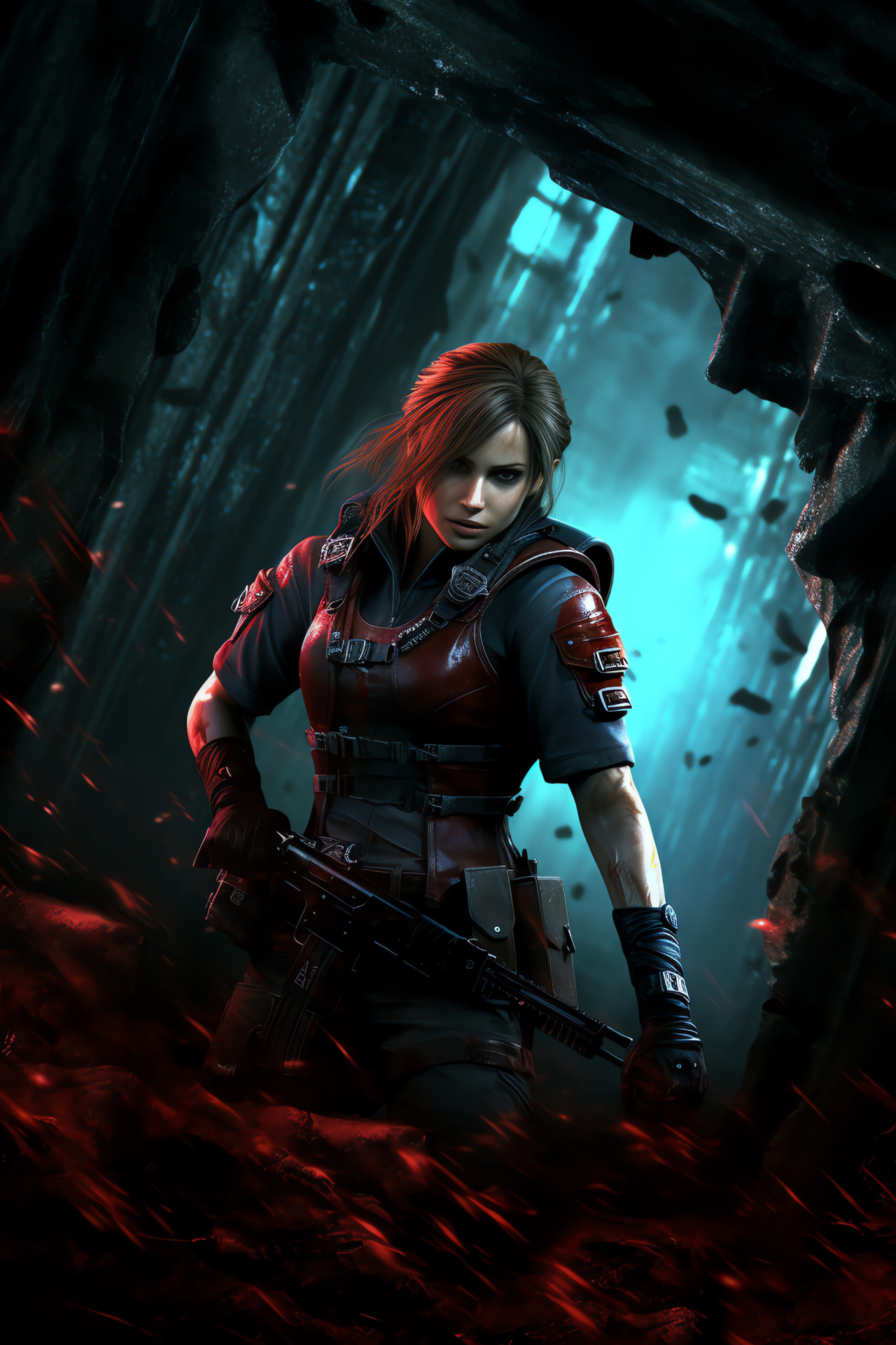 Claire Redfield, Explosive weaponry, Video game cavern, Tactical gameplay, Resident Evil scene, HD Phone Image