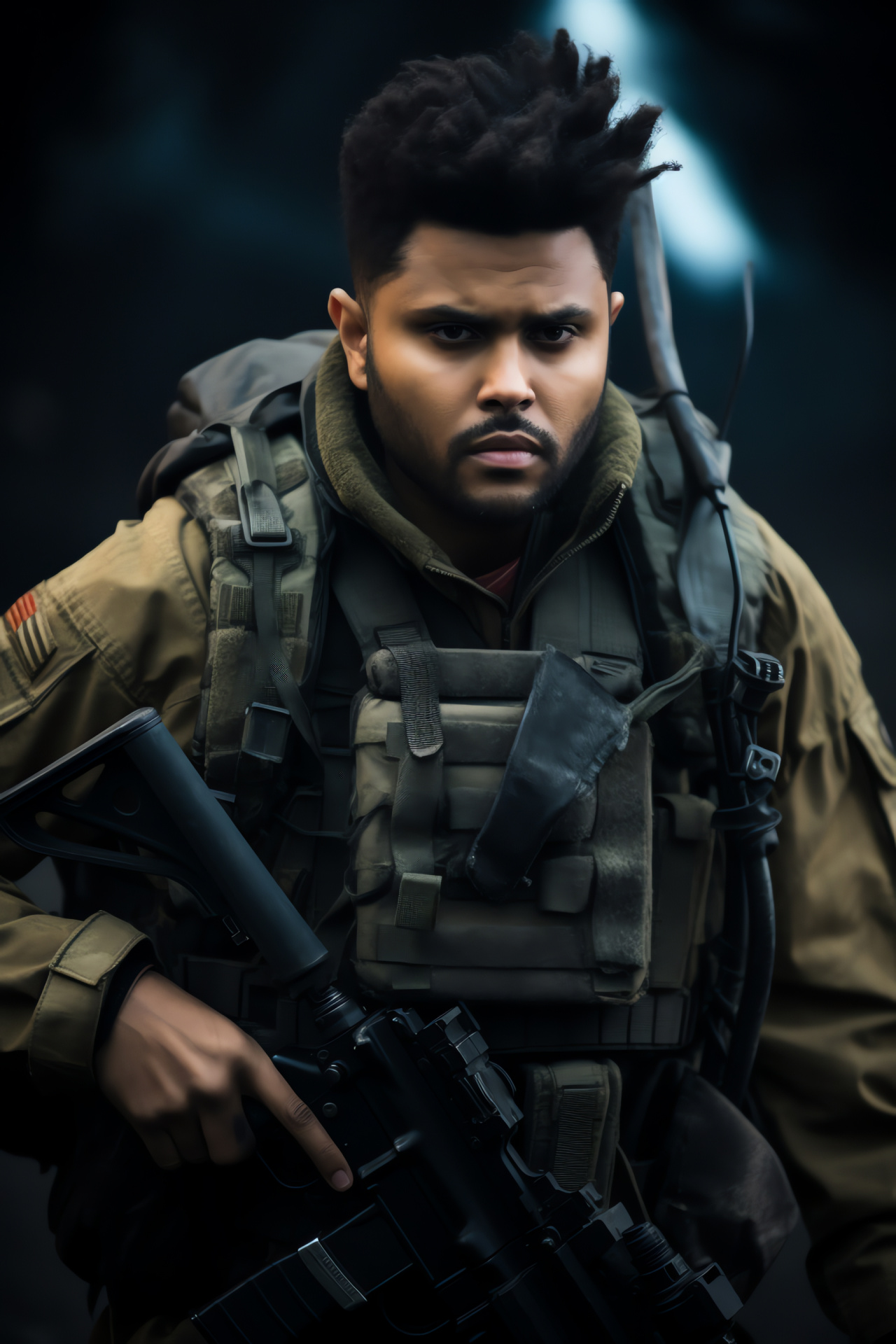 Actor The Weeknd, Film appearance, Action-packed movie, Military scenario, Prop firearm, HD Phone Wallpaper
