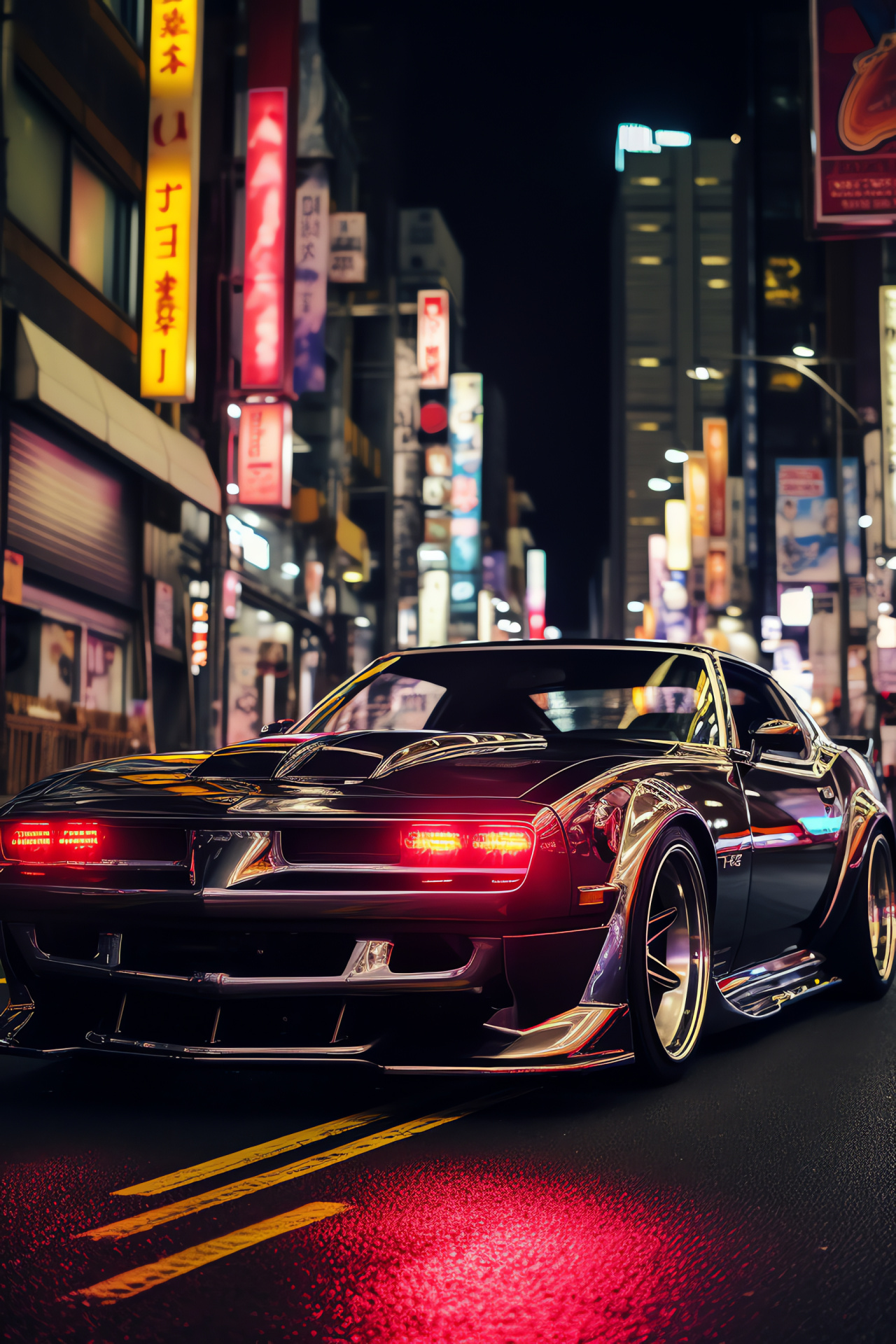 Trans Am Tokyo edition, Tokyo nightlife, Shibuya district, Neon city ambiance, Futuristic car design, HD Phone Image