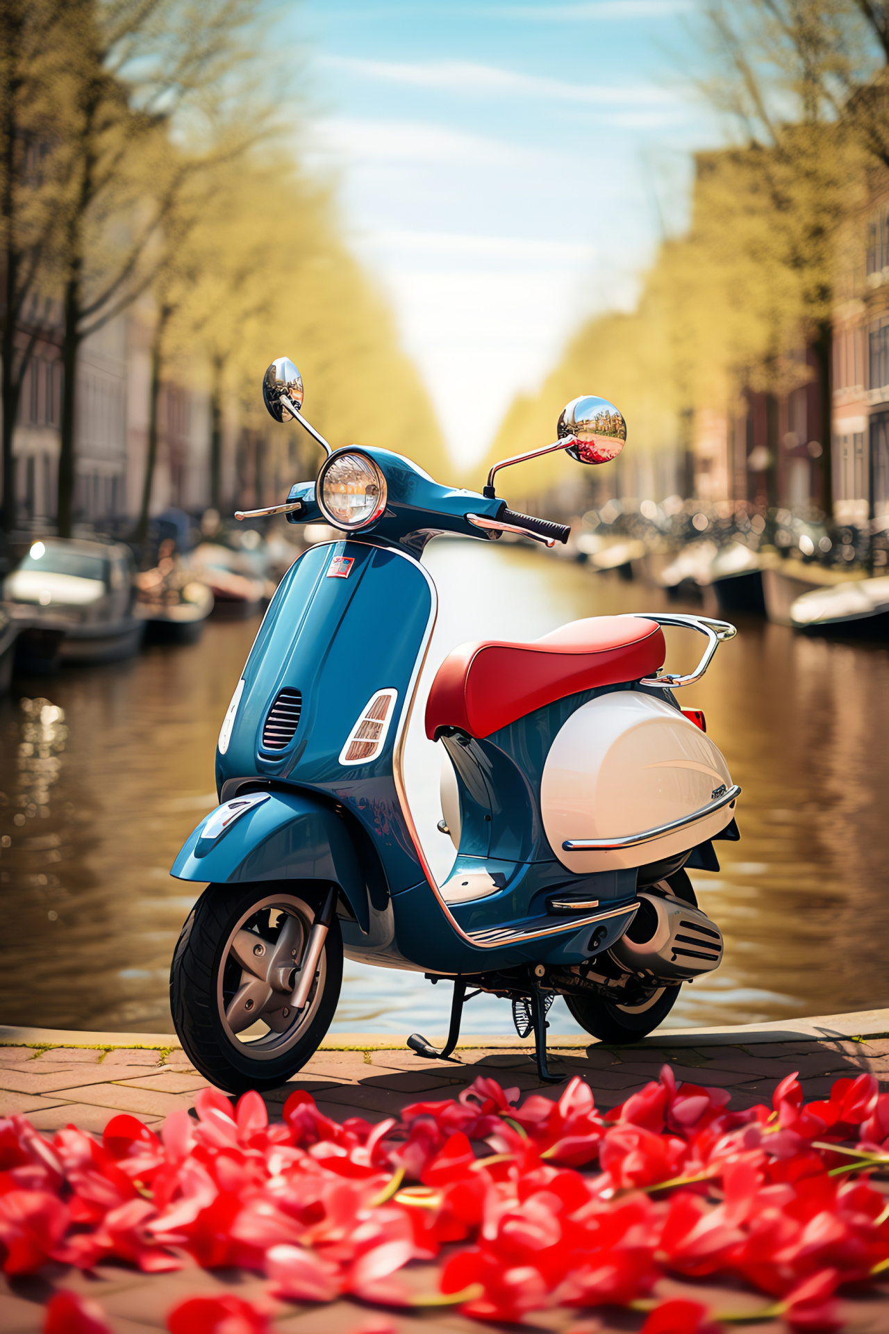 Vespa Primavera model, Yacht Club Edition, Amsterdam canals, Dutch urban landscape, floriculture zones, HD Phone Image