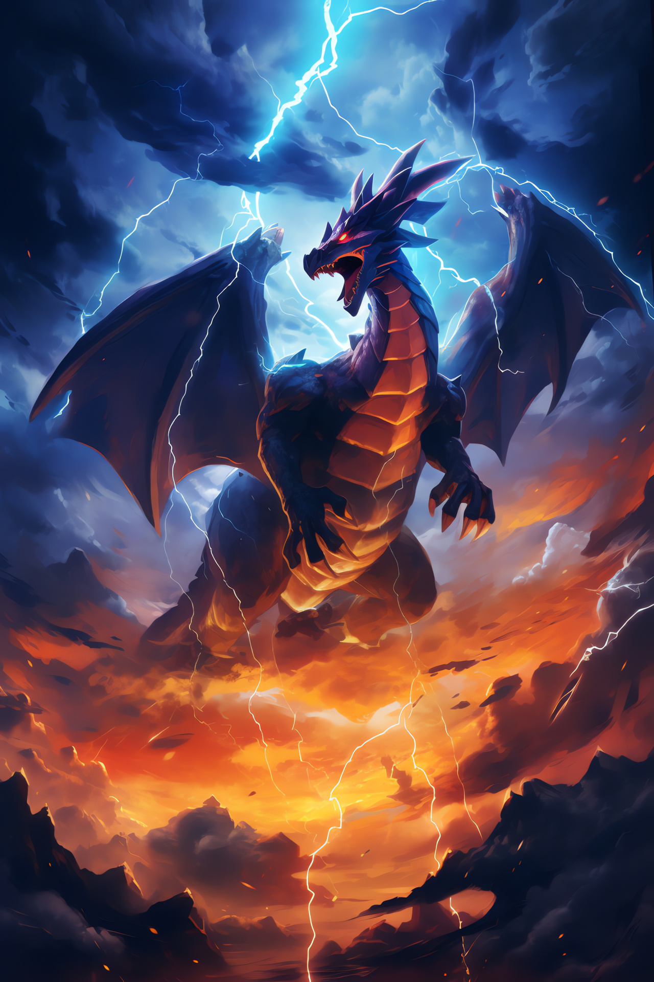 Mega Charizard, Sky Pillar landmark, Stormy atmosphere, Mighty creature, Gaming world, HD Phone Image