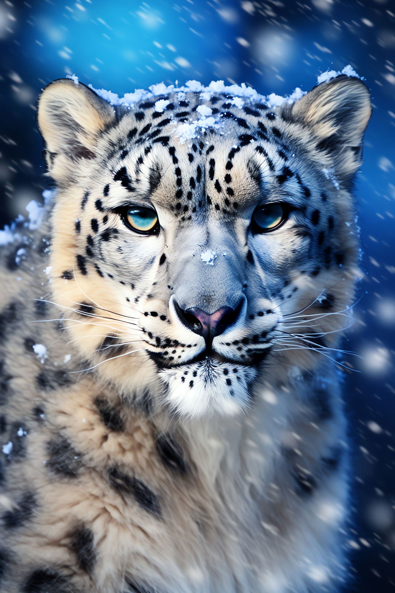 Snow Leopard, Blue eyes, Regal pose, Rosette patterns, Triple-color backdrop, HD Phone Wallpaper