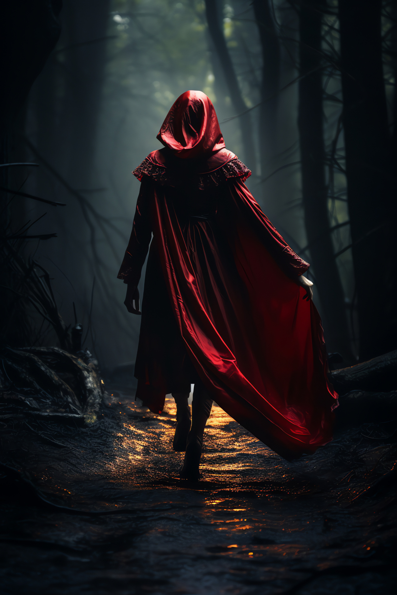 Red Riding Hood, Enigmatic fairy tale, Spooky woods, Storybook character, Gothic atmosphere, HD Phone Image