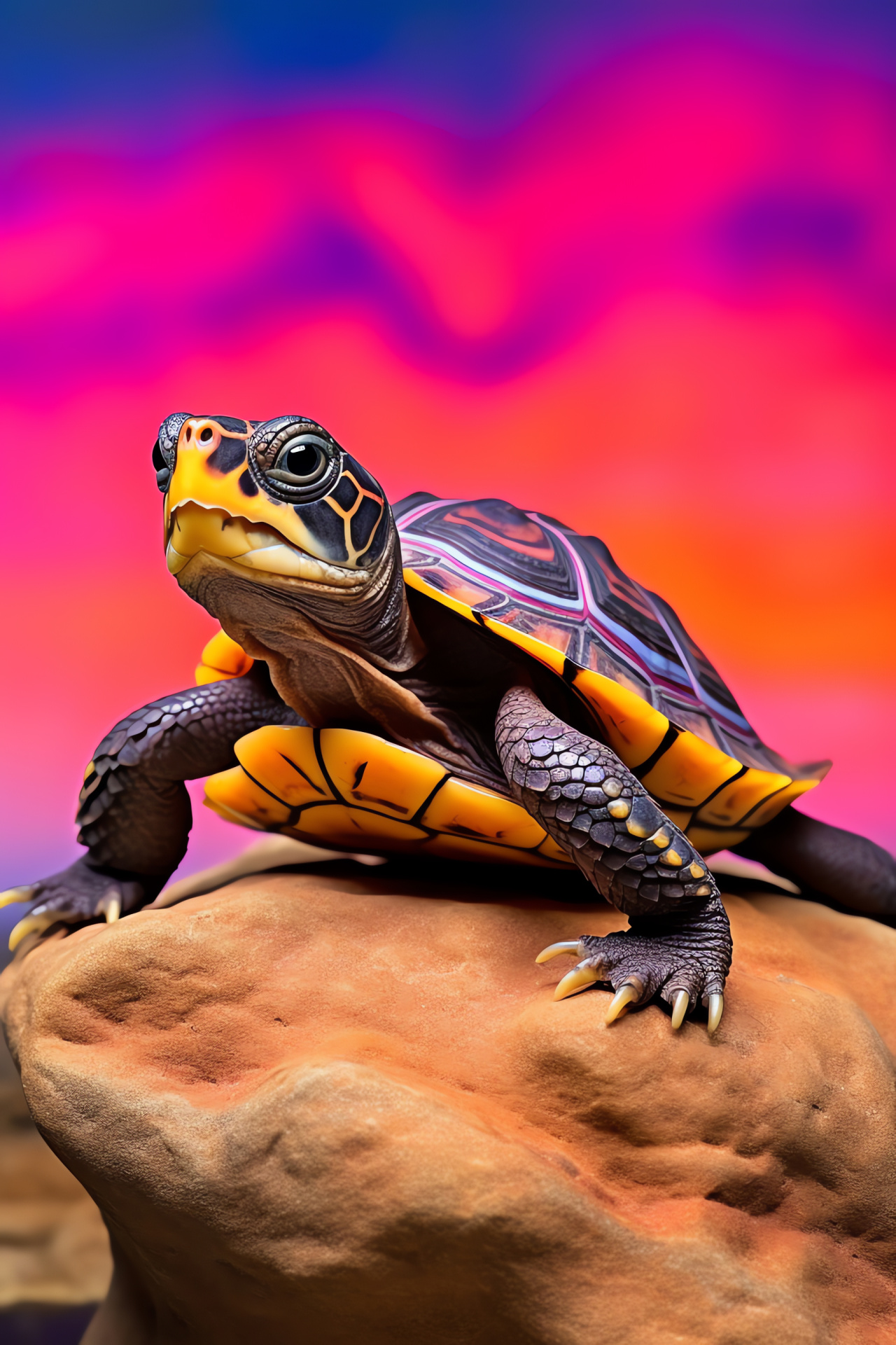 Baby turtle, Soft yellow shell, Round eyes, Triple-color backdrop, Amphibian fauna, HD Phone Image