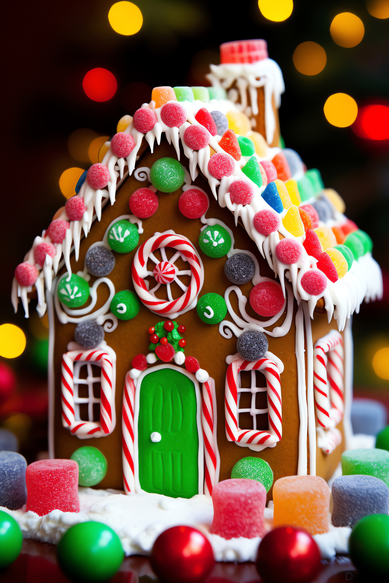 Confectionery cottage, Sugar adornments, Piped confectioners' frosting, Sweet cane accents, Festive confections, HD Phone Image