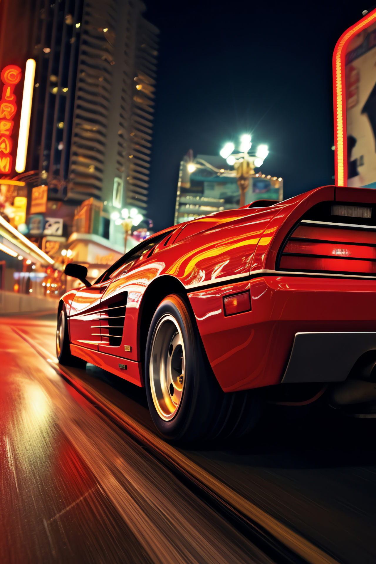 Ferrari Testarossa, Nightlife scene, Iconic luxury car, Vibrant Vegas backdrop, City illumination, HD Phone Image