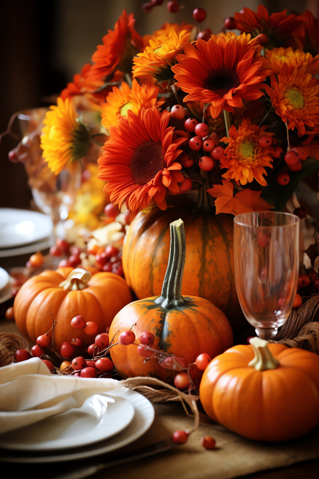 Harvest festival table, floral autumn centerpiece, seasonal pumpkin spread, festive dining display, Thanksgiving elegancy, HD Phone Image