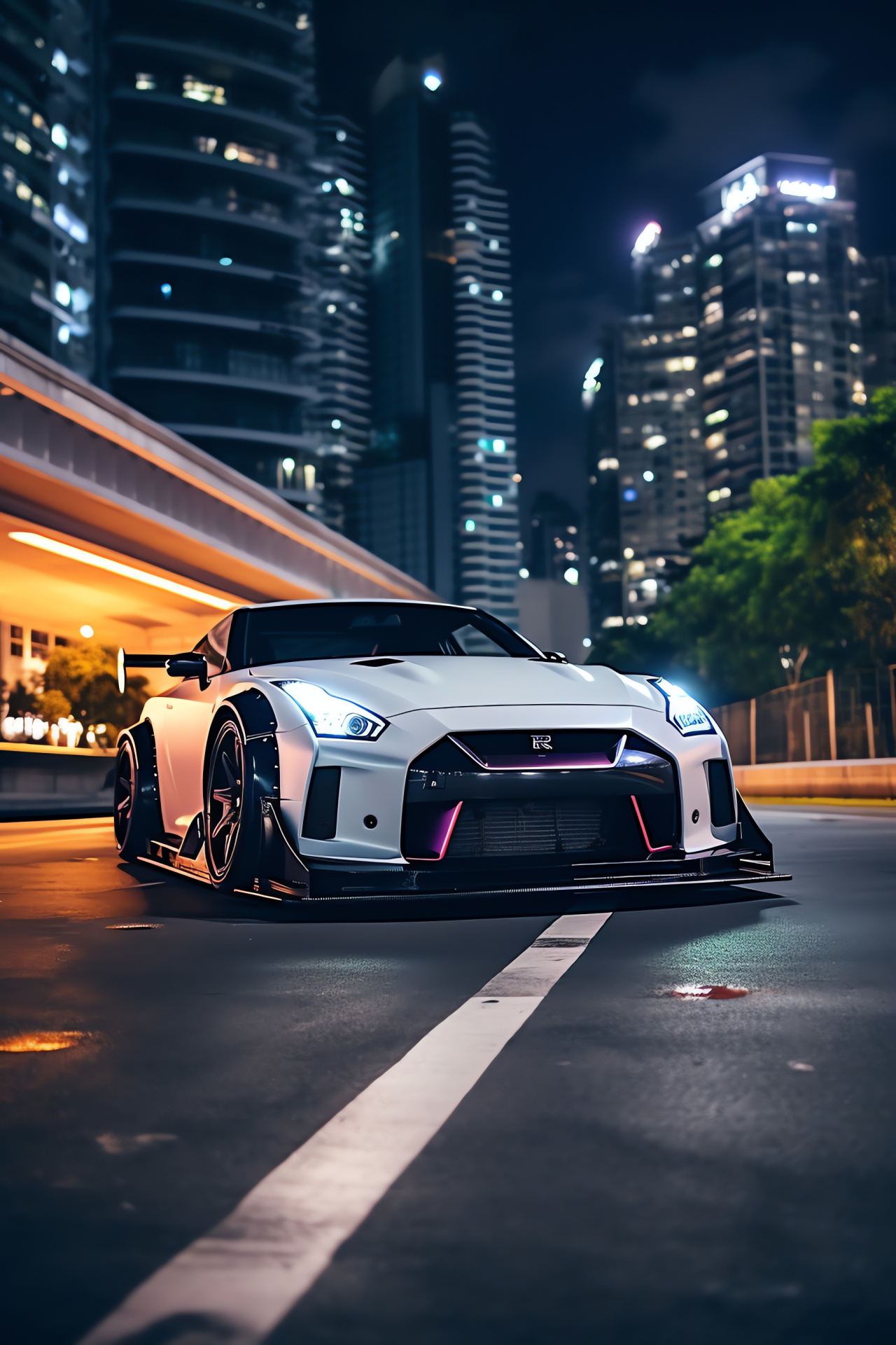 Rocket Bunny Nissan GT-R, Modified vehicle, Night cityscape backdrop, Wide-body sports car, High performance tuning, HD Phone Wallpaper