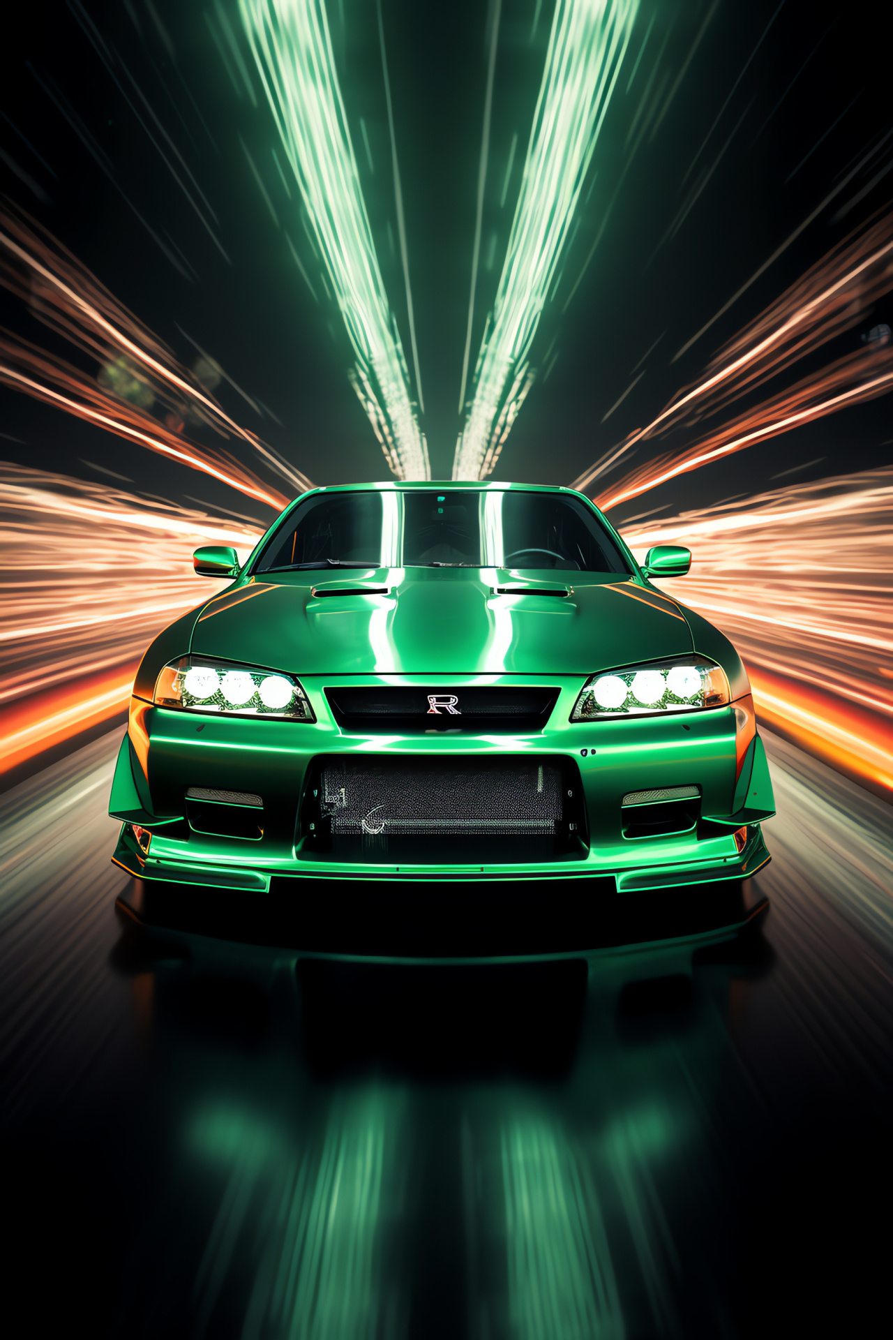 Nissan Skyline GTR R33 model, 1990s Japanese sports car, Luminous green accents, Enhanced vehicle structure, Racing aesthetic, HD Phone Wallpaper