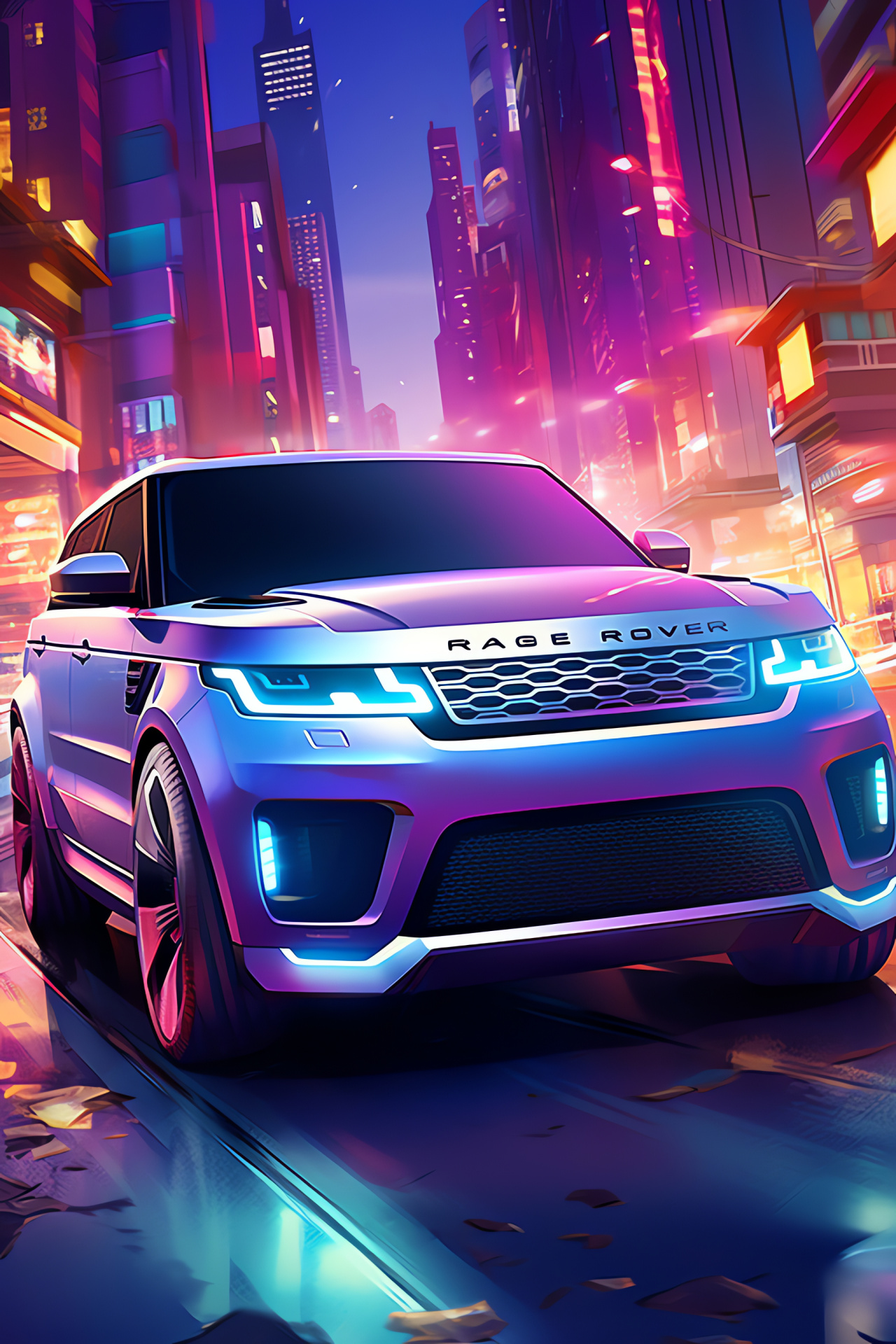 Range Rover Sport 2018 Model, Urban landscape, Futuristic city, Silver bodywork, Luxurious SUV, HD Phone Image