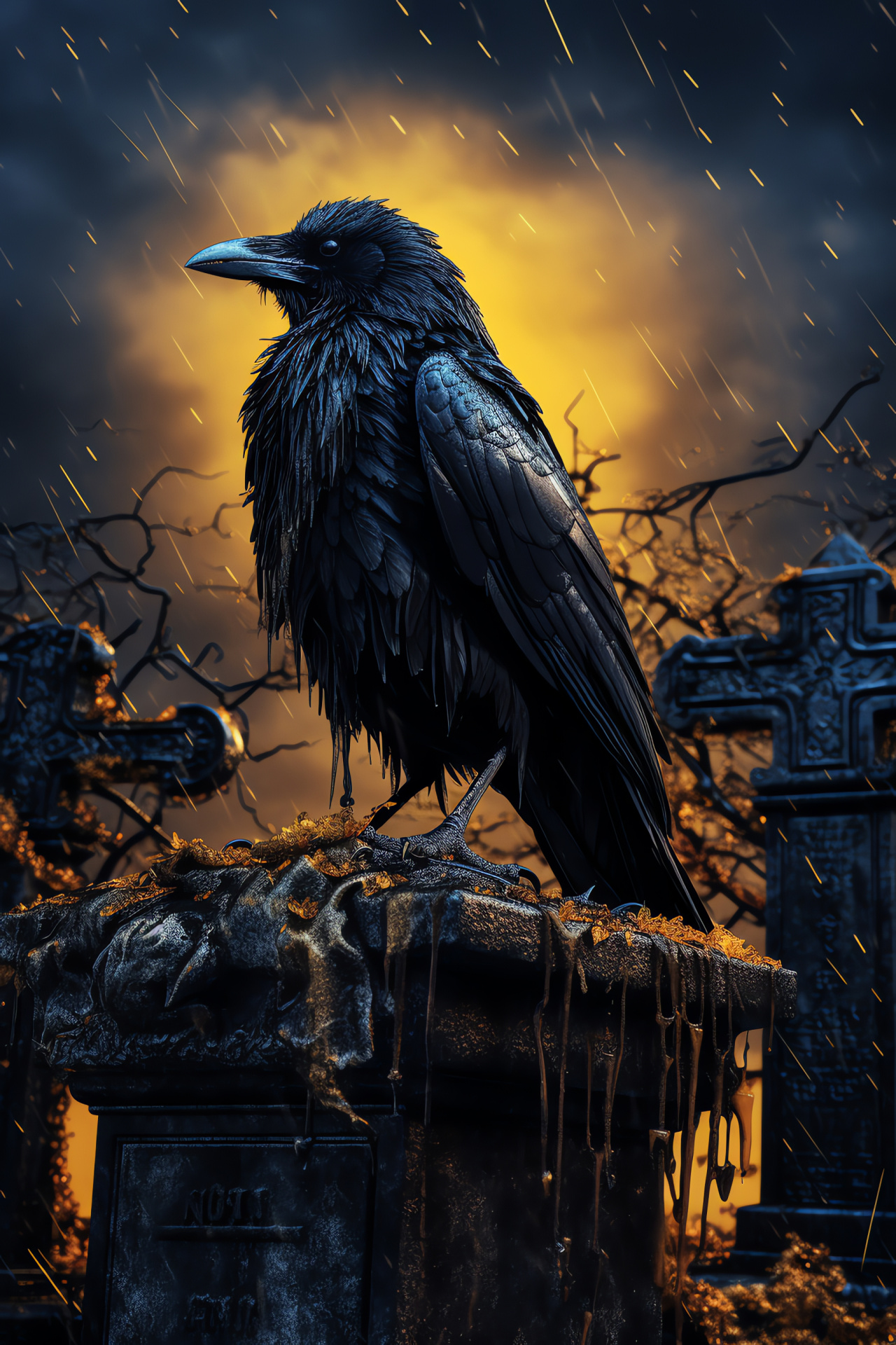 Corvidae with onyx plumage, piercing oculars, sheen of precious metals, historical stone marker, secluded burial ground, HD Phone Image