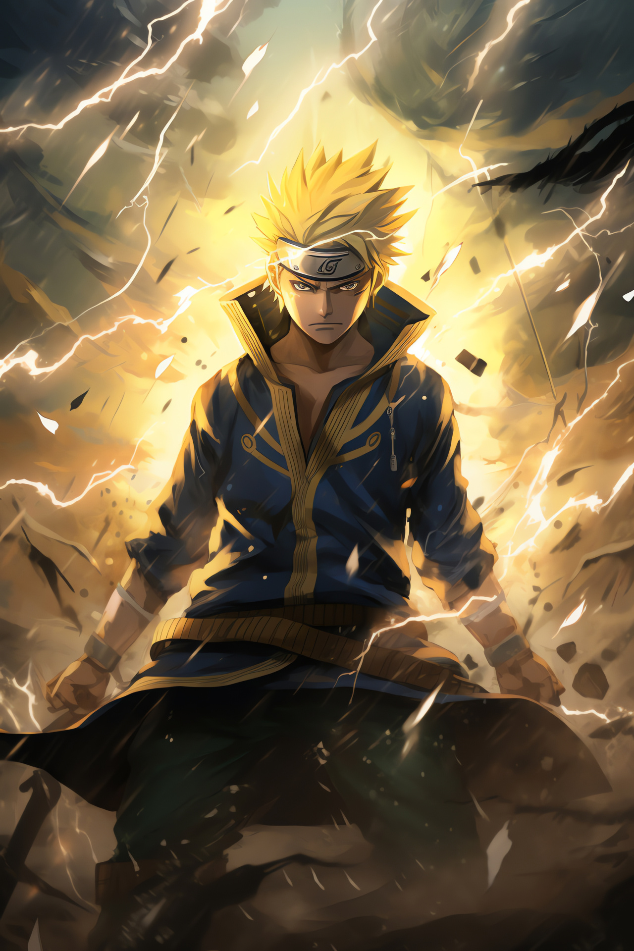 Minato Namikaze stance, Yellow flash, Battlefield lightning, Hokage presence, Dynamic leap, HD Phone Image