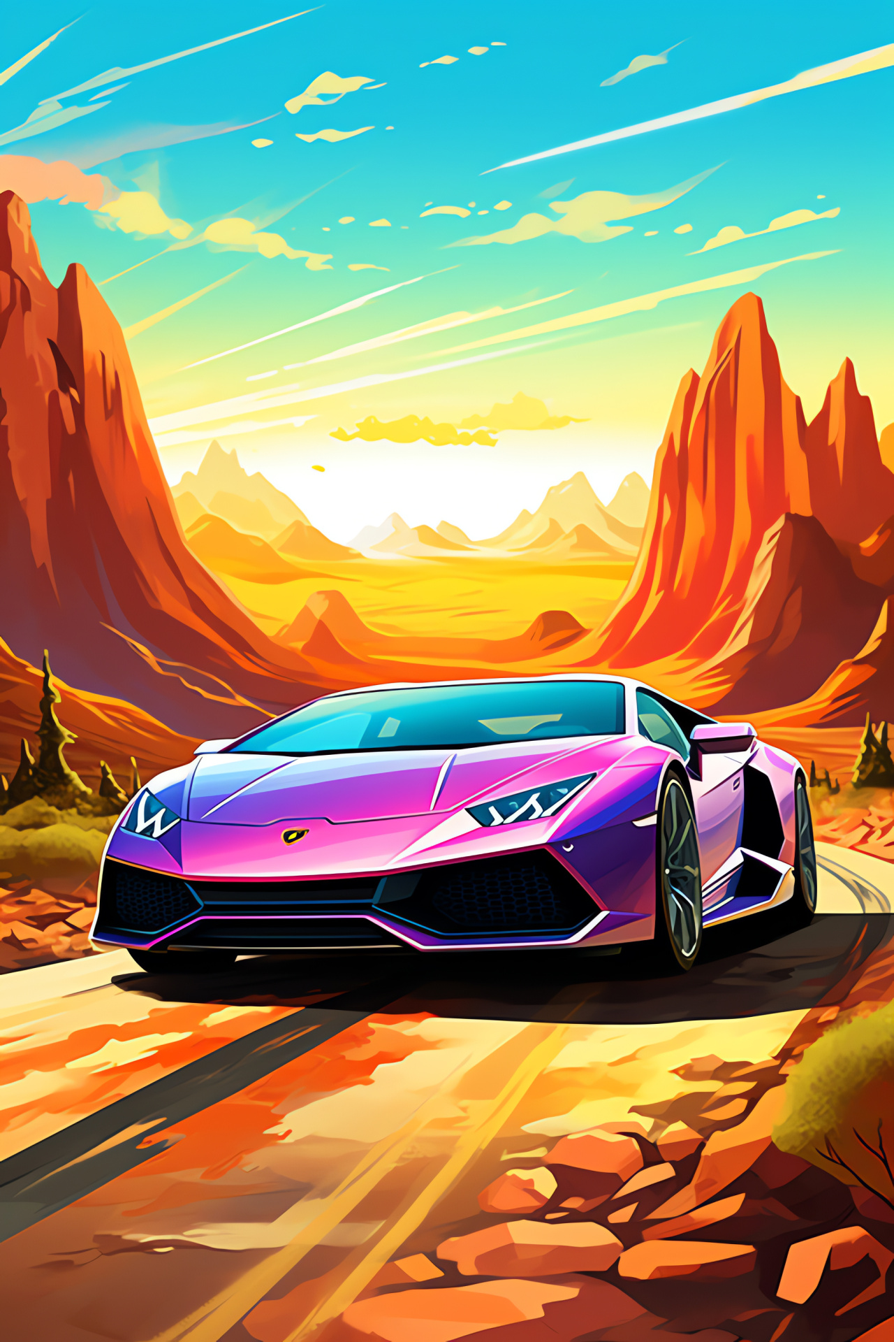 Vibrant landscape scene, Exotic Lamborghini, Color harmony, Striking car silhouette, Auto environmental blend, HD Phone Wallpaper