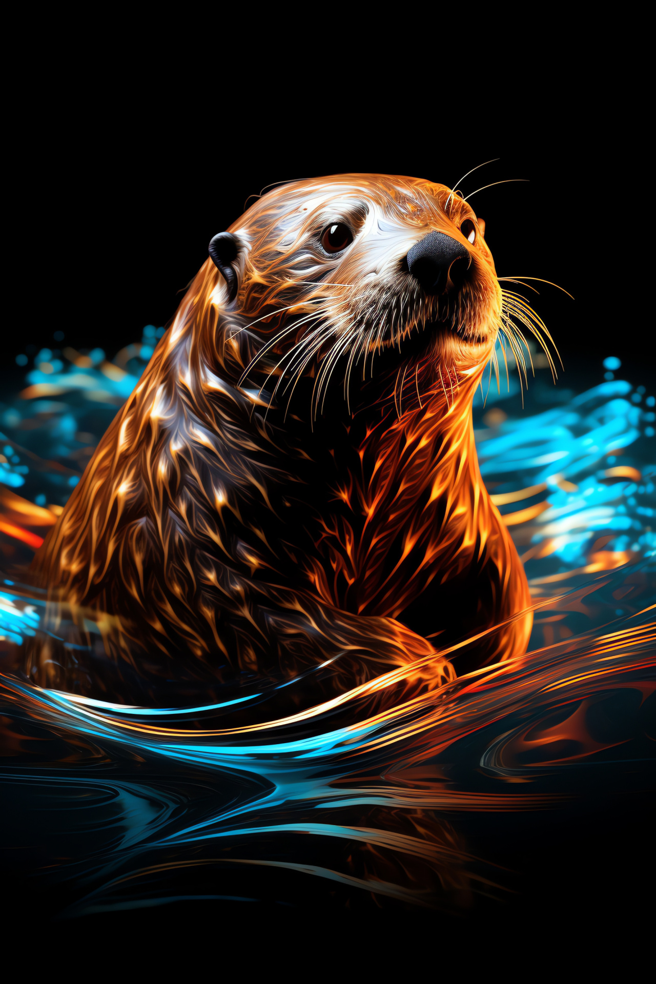 Sea Otter, floating on back, dark brown and light brown fur, amber eyes, glowing lines backdrop, HD Phone Image