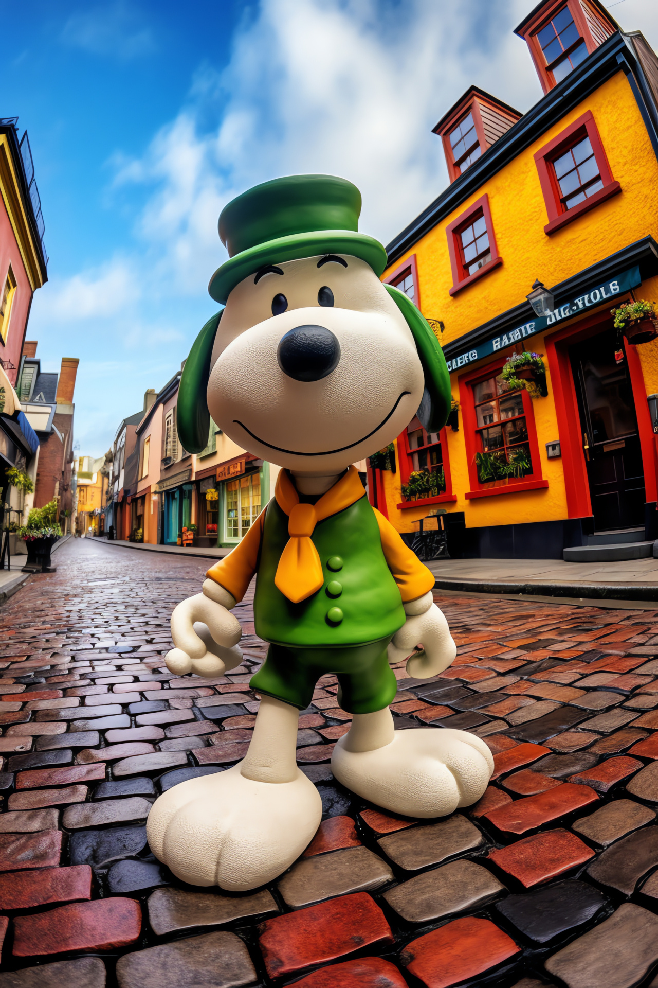 Snoopy St. Patrick campaign, Festive streetscape, March holiday cheer, Vibrant town setting, Irish celebration, HD Phone Wallpaper