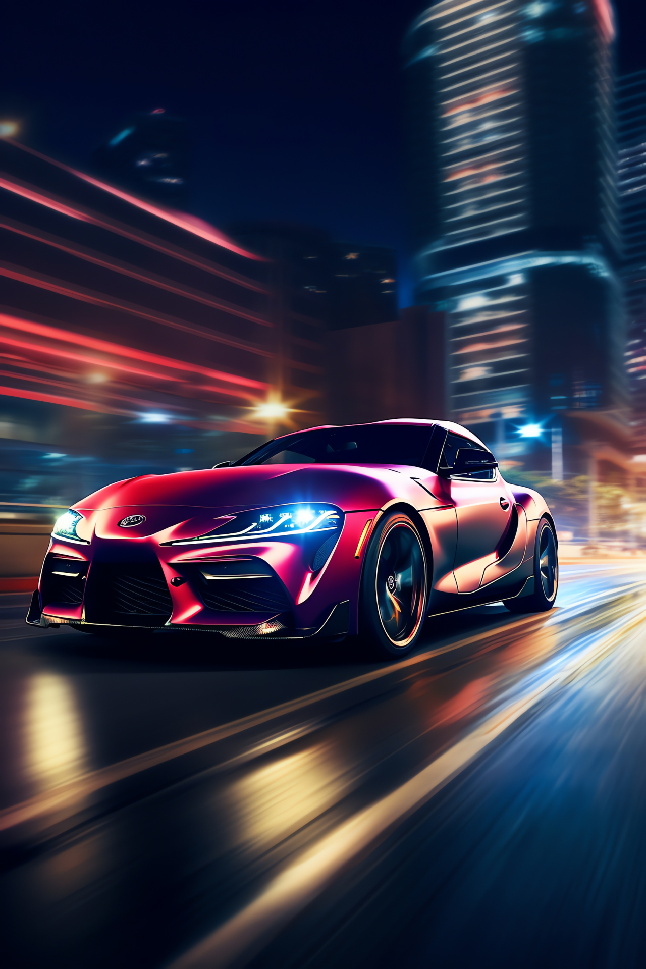 Toyota Supra MKIV, Metropolitan outline, Iconic sports car, City afterglow, Skyline view, HD Phone Image