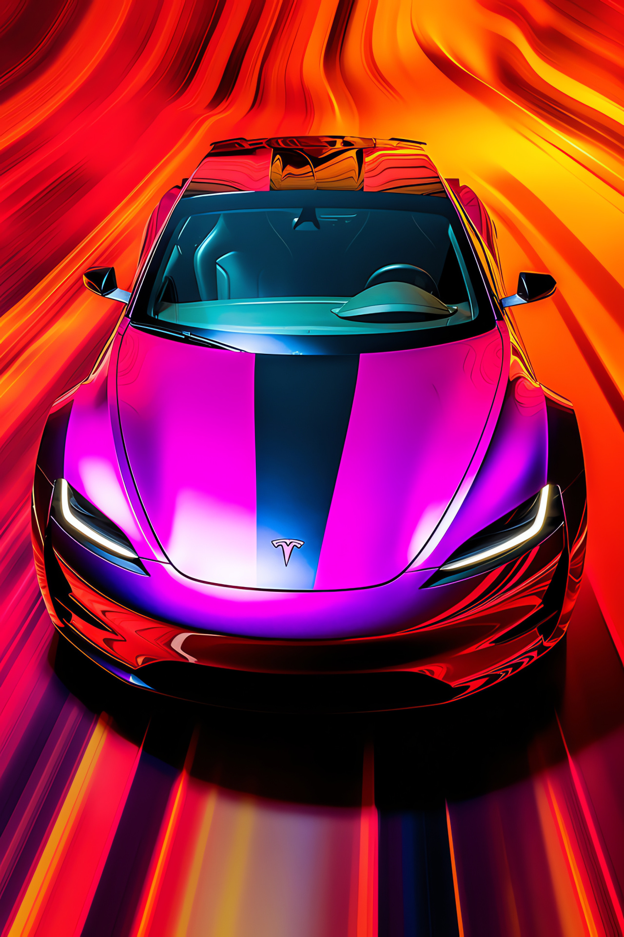 Tesla Roadster, Luxury electric convertible, Elevated view, Multicolored display, Energy of color, HD Phone Image