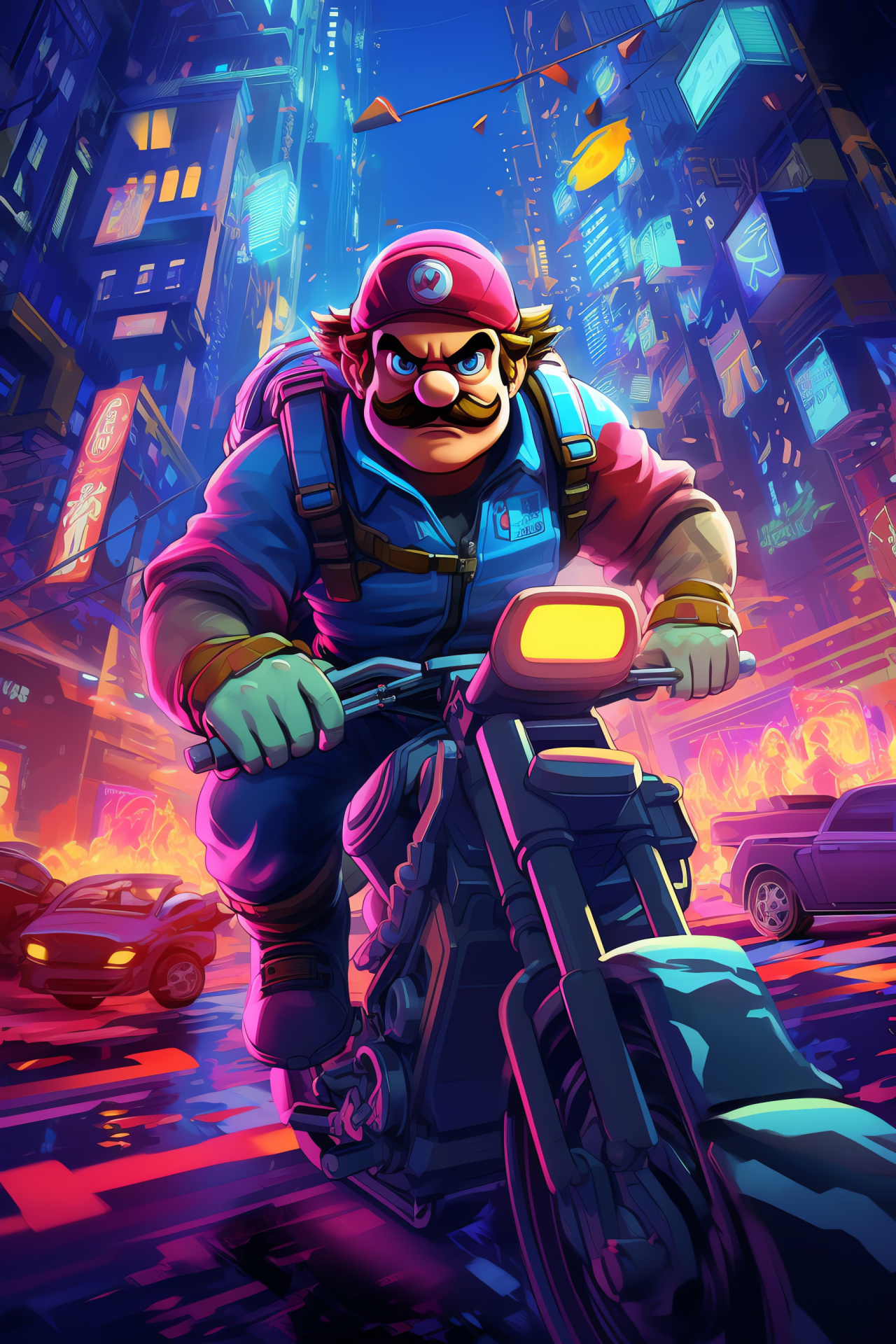 Wario encounter, two-wheeler, metropolitan skyline, crepuscular hour, radiant city illumination, HD Phone Wallpaper