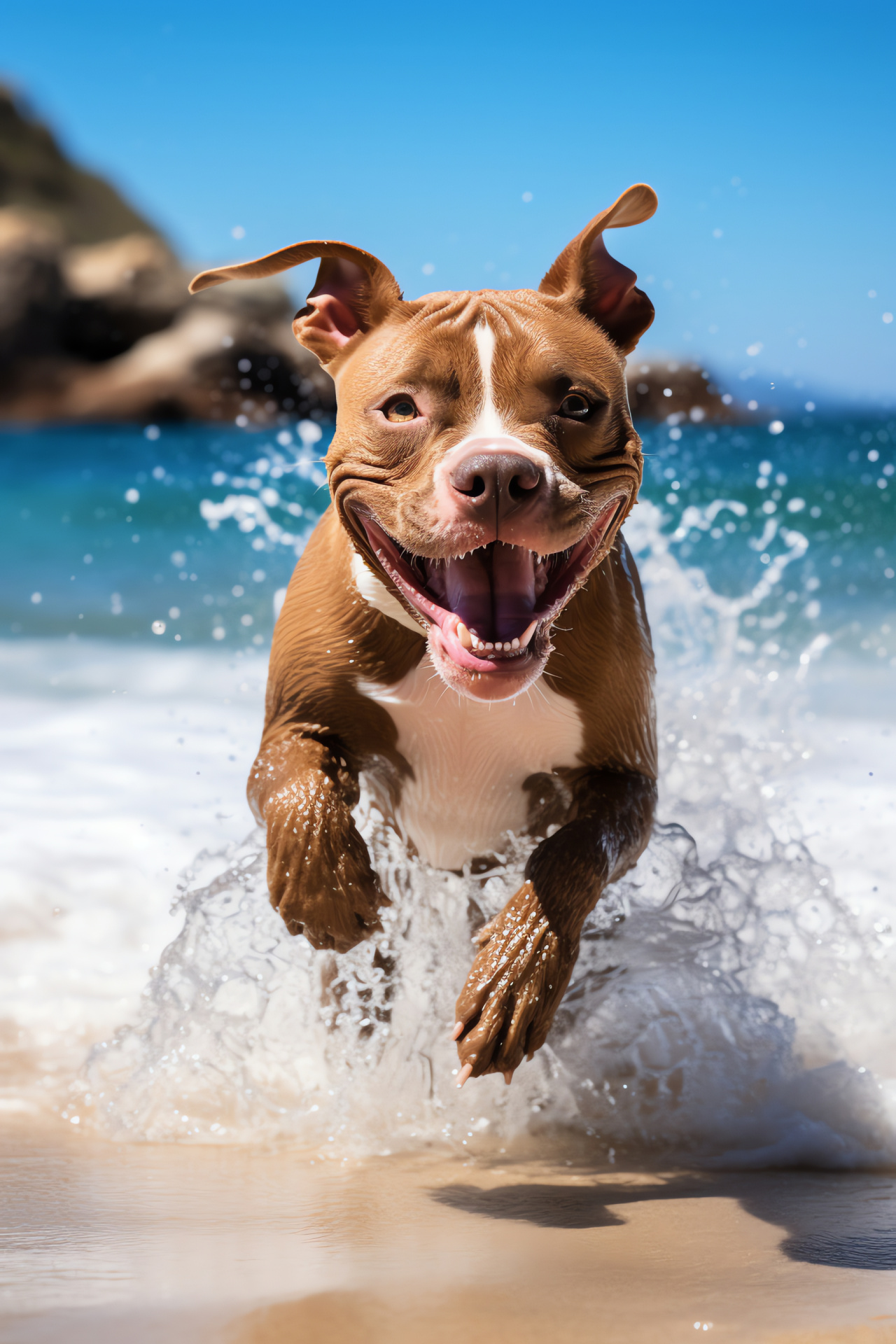 Playful Pitbull, sandy beach vibe, refreshing coastal environment, cheery disposition, summer canine, HD Phone Image