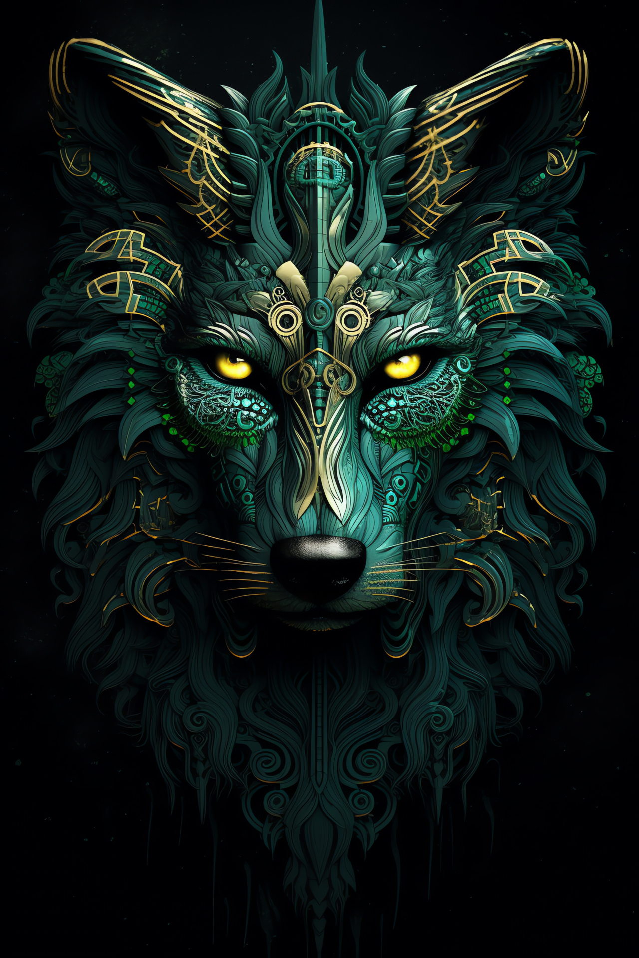 Lupine wilderness symbol, Viridian eye gleam, Flowing ebon mane, Animalistic tribal accents, Verdant forest tones, HD Phone Wallpaper