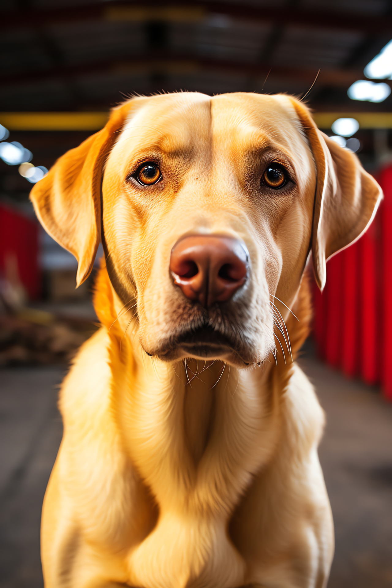 Yellow Labrador, dignified pose, overhead perspective, silky mane, crimson scene, HD Phone Wallpaper