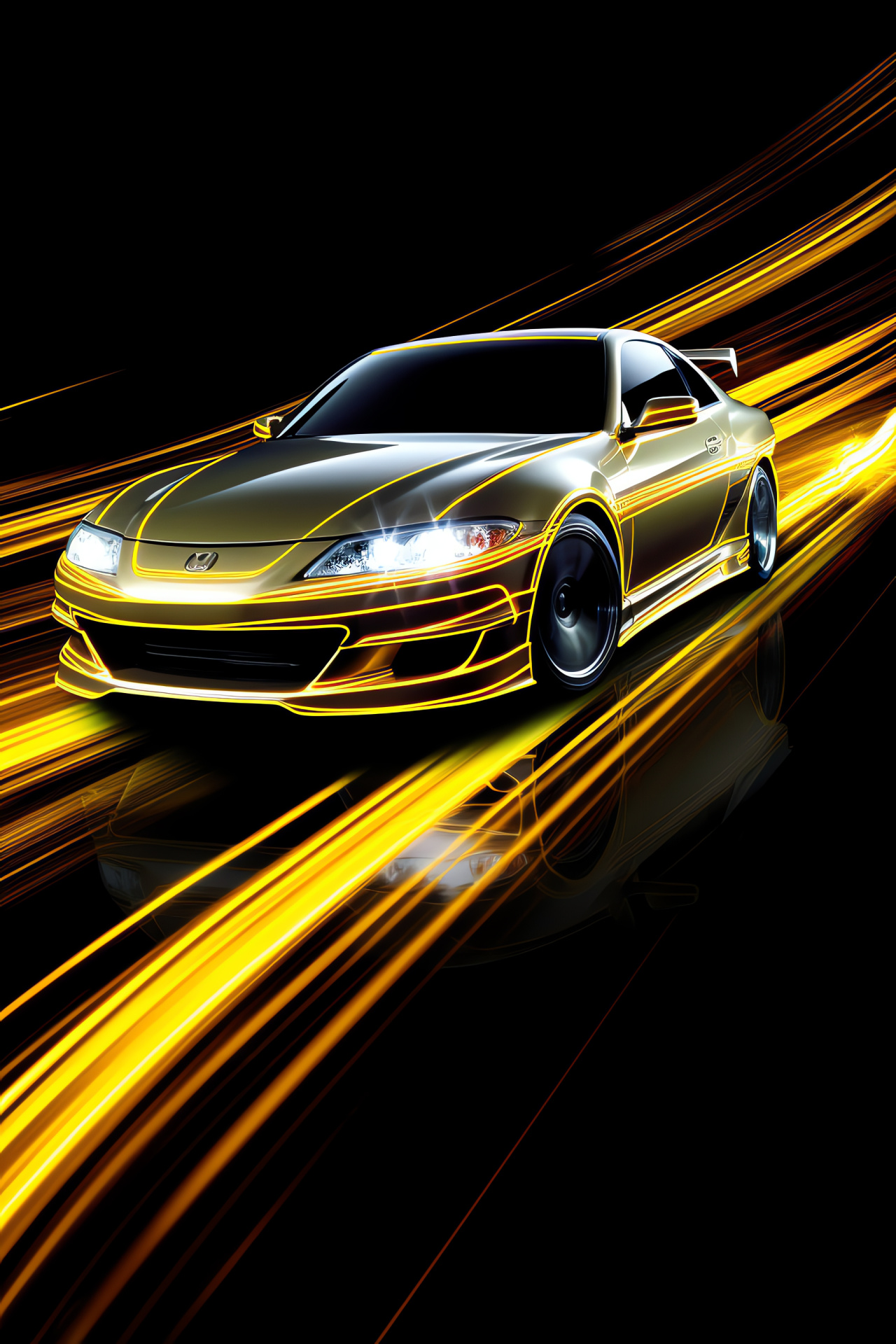 Nissan S15 Silvia Spec-R, Vibrant yellow paint, High-angle perspective, Sleek sportscar lines, Drift car style, HD Phone Image