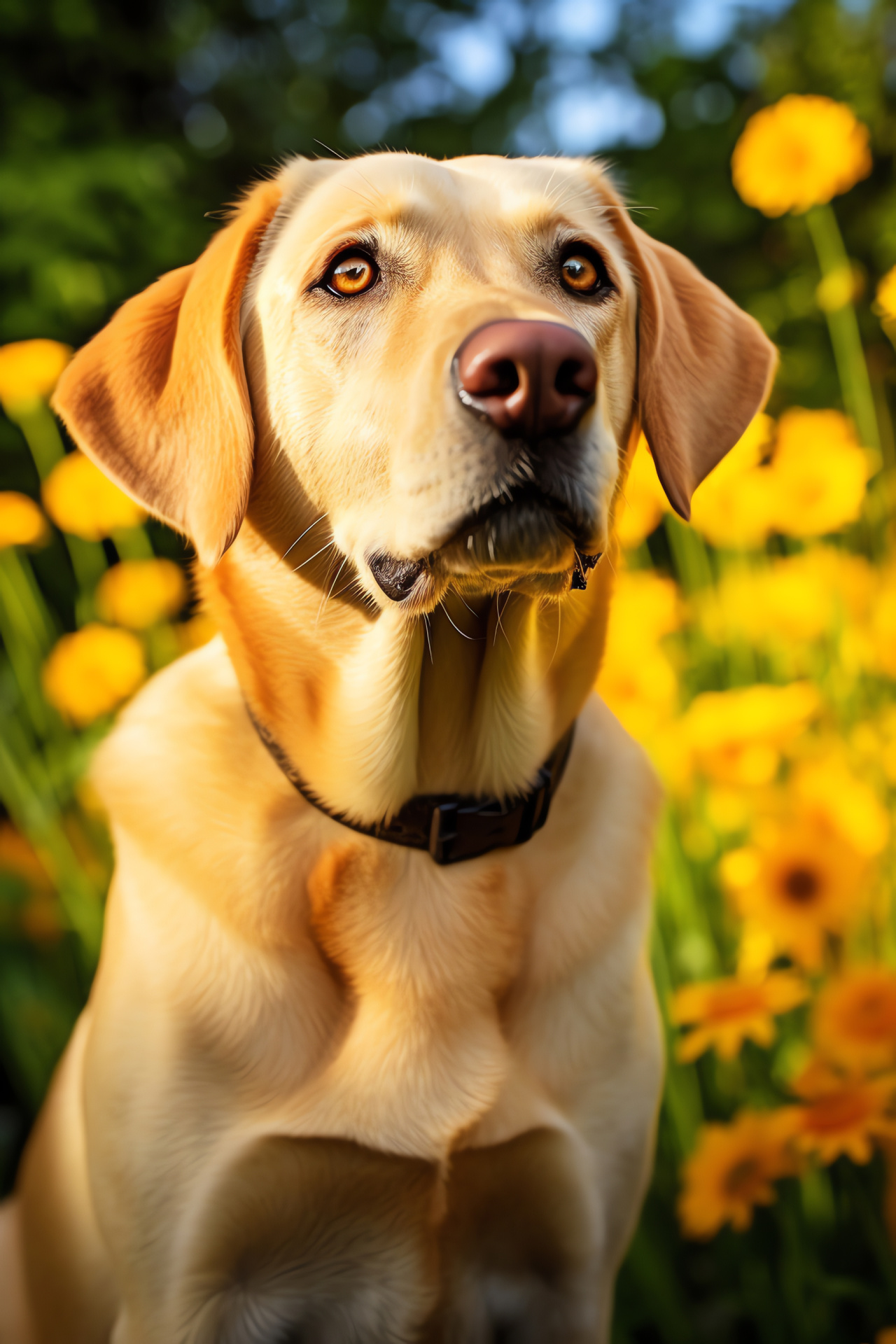 Yellow Labrador Retriever, vibrant sheen, garden exploration, florid aura, natural details, HD Phone Wallpaper