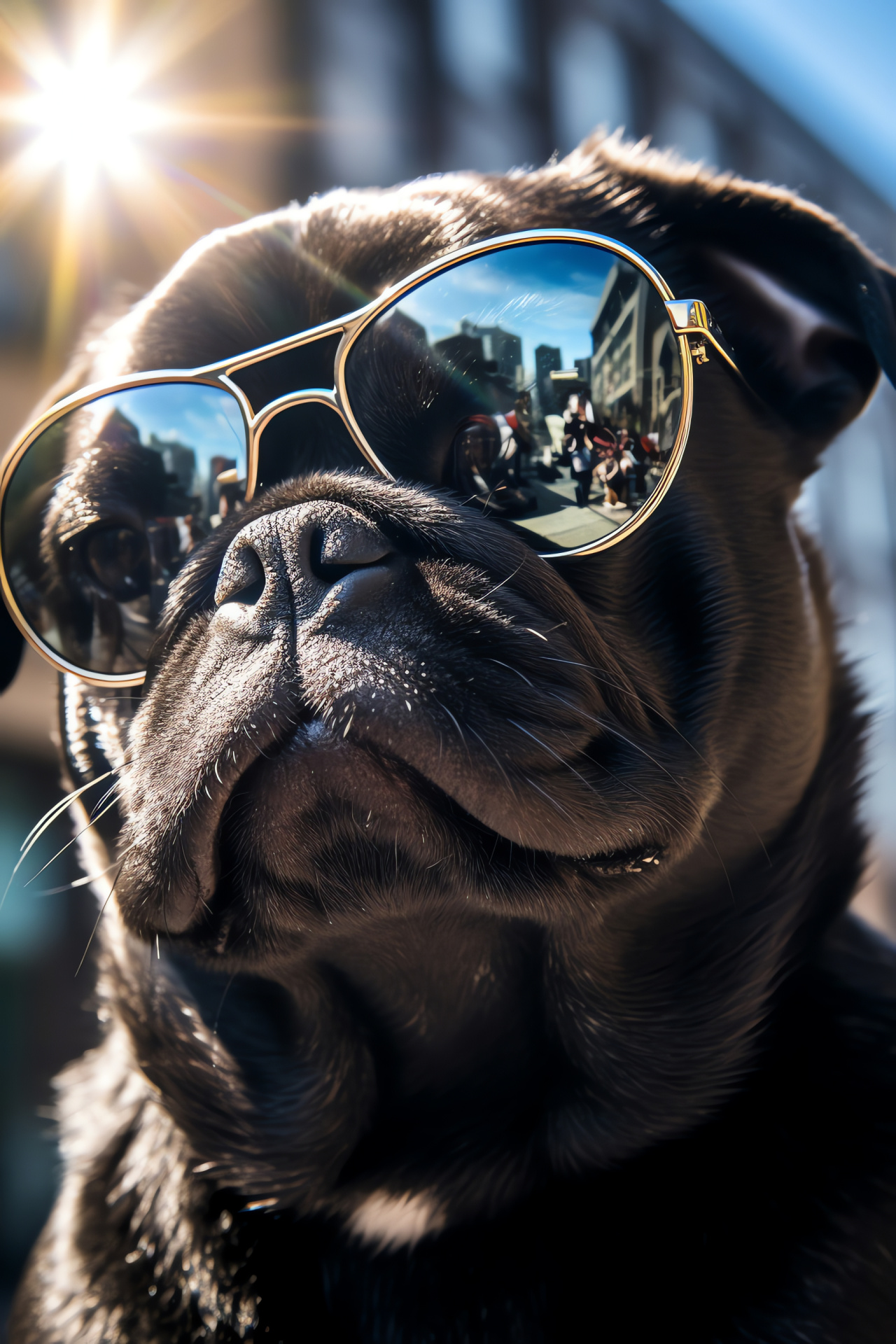 Pug dog with sunglasses, canine fashion, glossy black fur, silver accents, urban environment, HD Phone Image