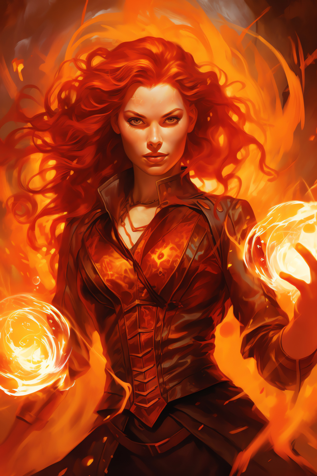 MTG Chandra Nalaar portrayal, Burning eye effect, Scarlet haired pyromancer, Flames motif artwork, Fantasy gaming collectible, HD Phone Image