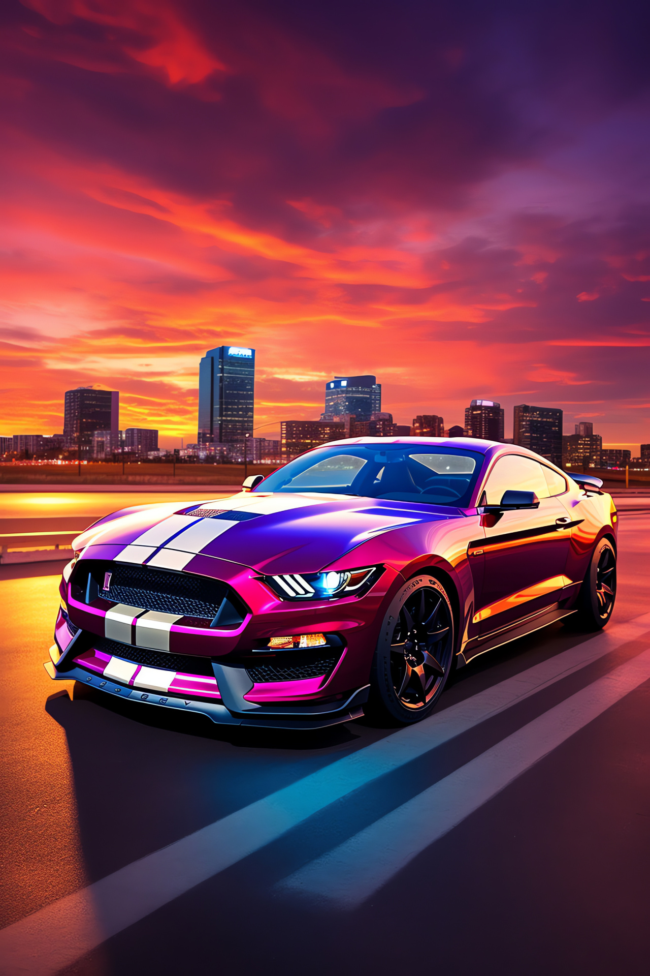 Ford Mustang GT350, intriguing setting, rich color palette, overhead road vantage, performance car, HD Phone Image