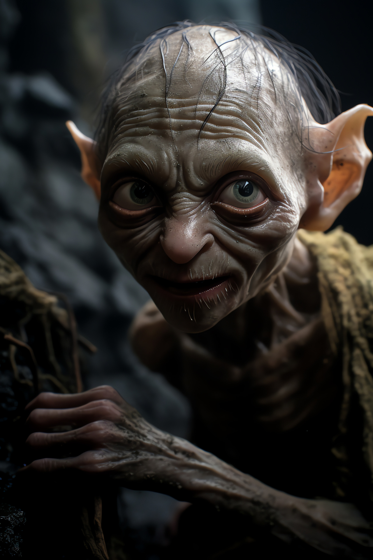 Smeagol's form, Ragged appearance, Harsh environment, Cave dwelling, Chilling atmosphere, HD Phone Image