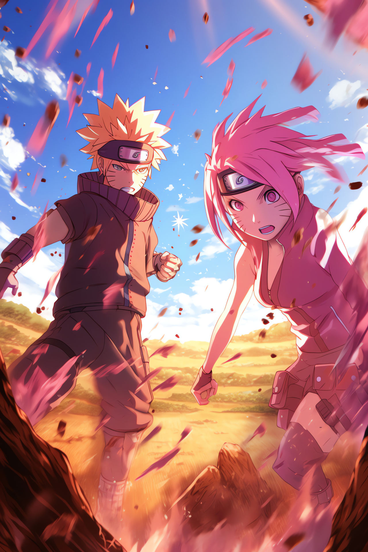 Naruto Uzumaki, Sakura Haruno, action sequence, ninja clones, combat skills, HD Phone Wallpaper