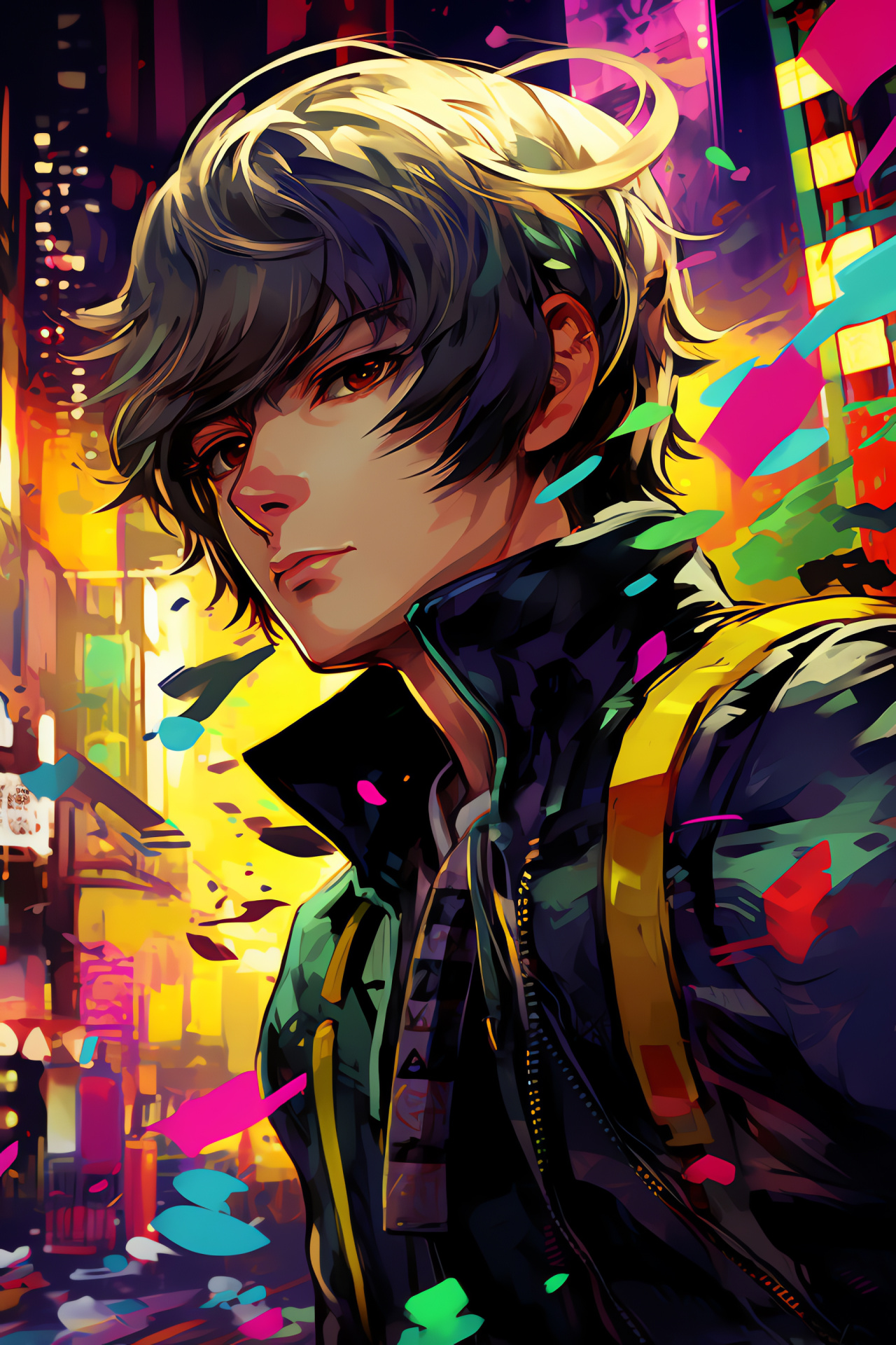 Yu Narukami Persona 4, Main character, Neon luminosity, Inaba setting, Electric effect, HD Phone Wallpaper