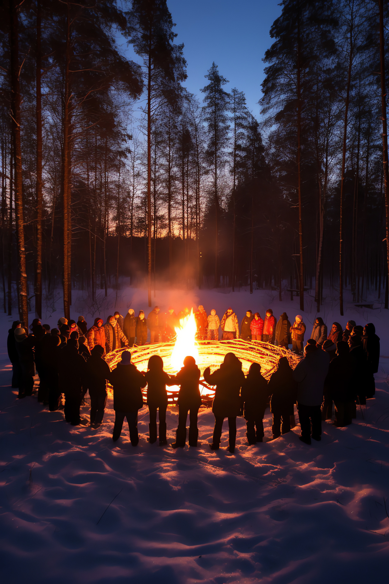 Solstice ritual, Outdoor celebration, Sylvan setting, Warm fire glow, Festive traditions, HD Phone Image