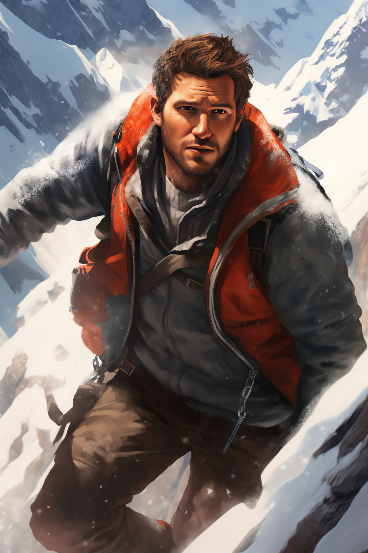 Uncharted 2 mountain episode, Lead explorer Drake, Engaging treasure hunter, Rocky edge, Alpine snow, HD Phone Image