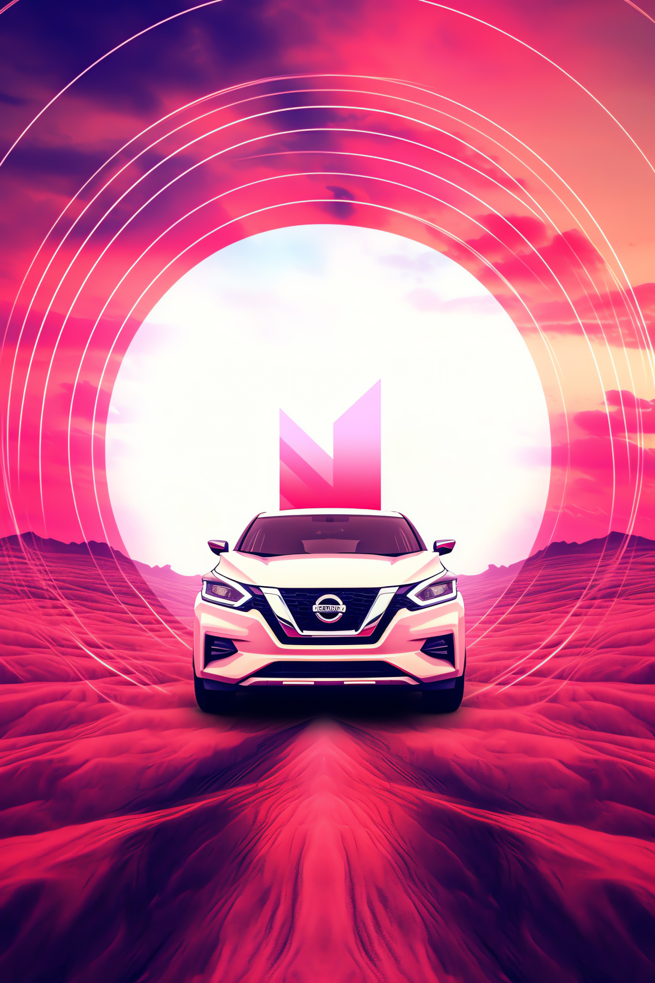 Nissan Emblem, Expansive setting, Luminous neon art, Rich hues, Squared theme, HD Phone Image