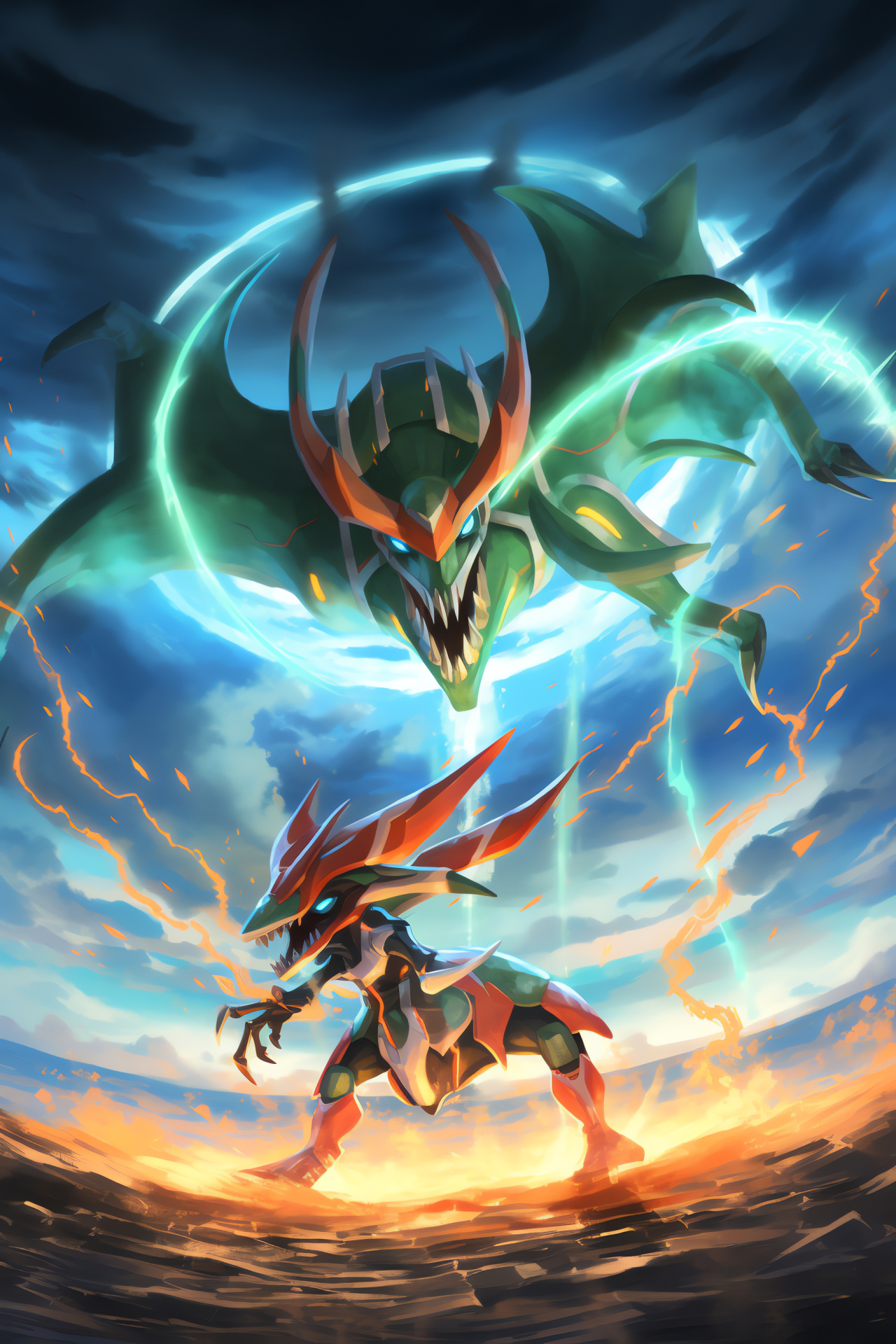 Mega evolution Rayquaza, Deoxys combat, Sky Pillar setting, Aerial conflict depiction, Gaming universe, HD Phone Wallpaper