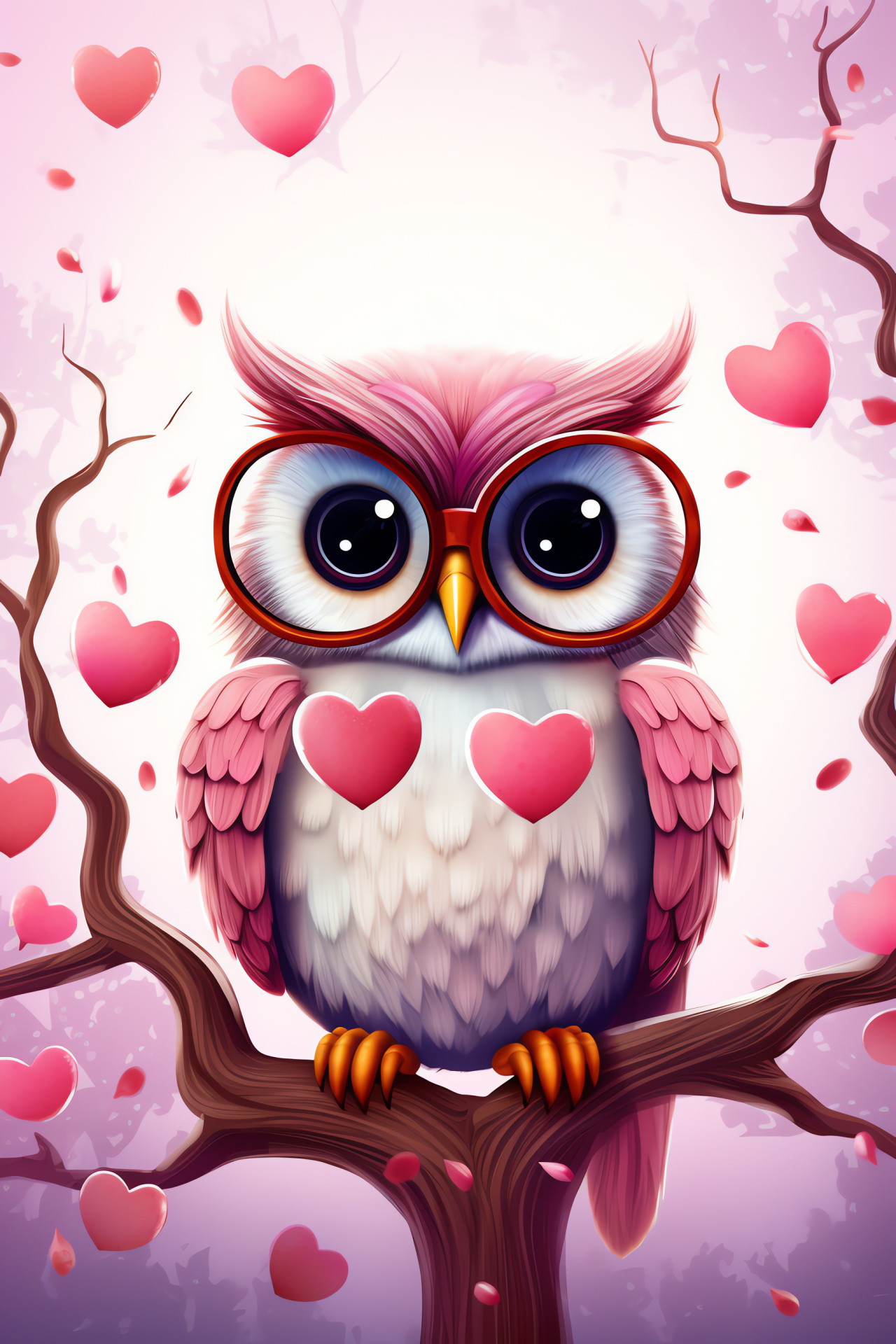 Nocturnal Valentine creature, Charming bird design, Festive eyewear, Saturated hues, Owl charm, HD Phone Image