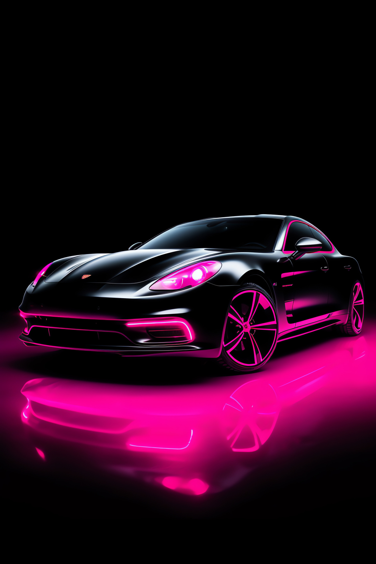 Pink futuristic car, Obsidian backdrop contrast, Neon lighting design, Concept auto expression, Luminous styling accents, HD Phone Image