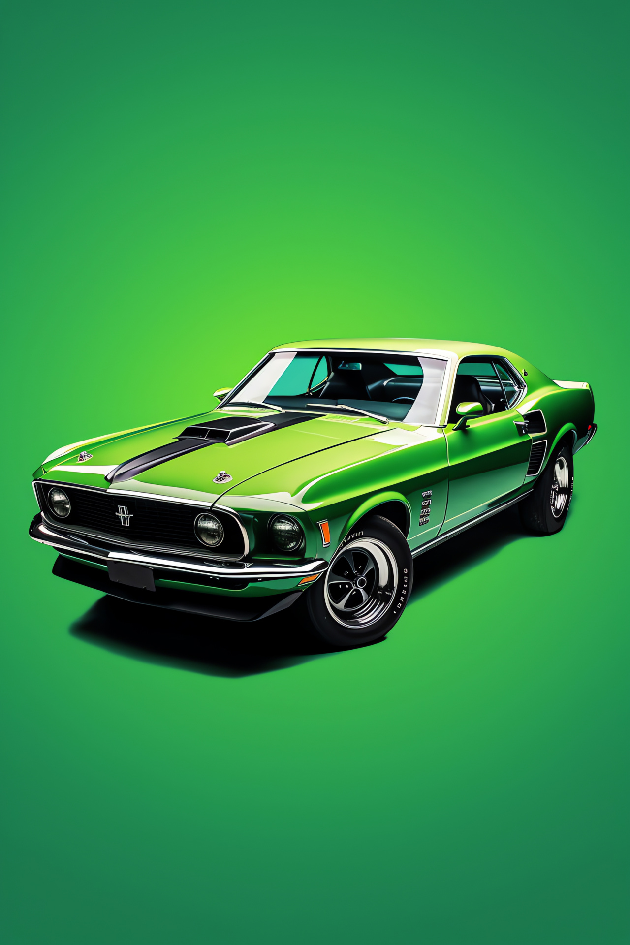 Classic Ford Mustang, Vintage auto angle, Green Mustang backdrop, High elevation capture, Automotive nostalgia, HD Phone Image
