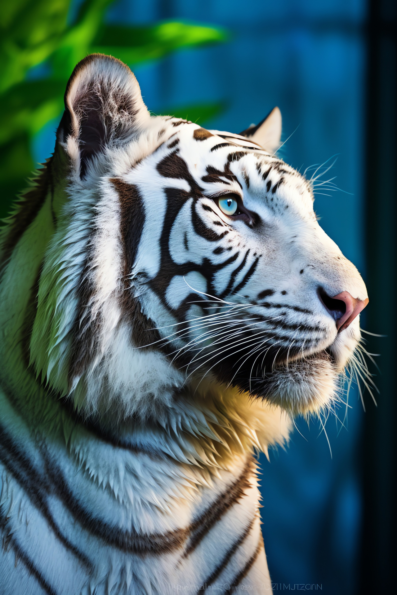 White Bengal Tiger, sideways glance, hypnotic background, chlorophyll, cobalt mix, HD Phone Image