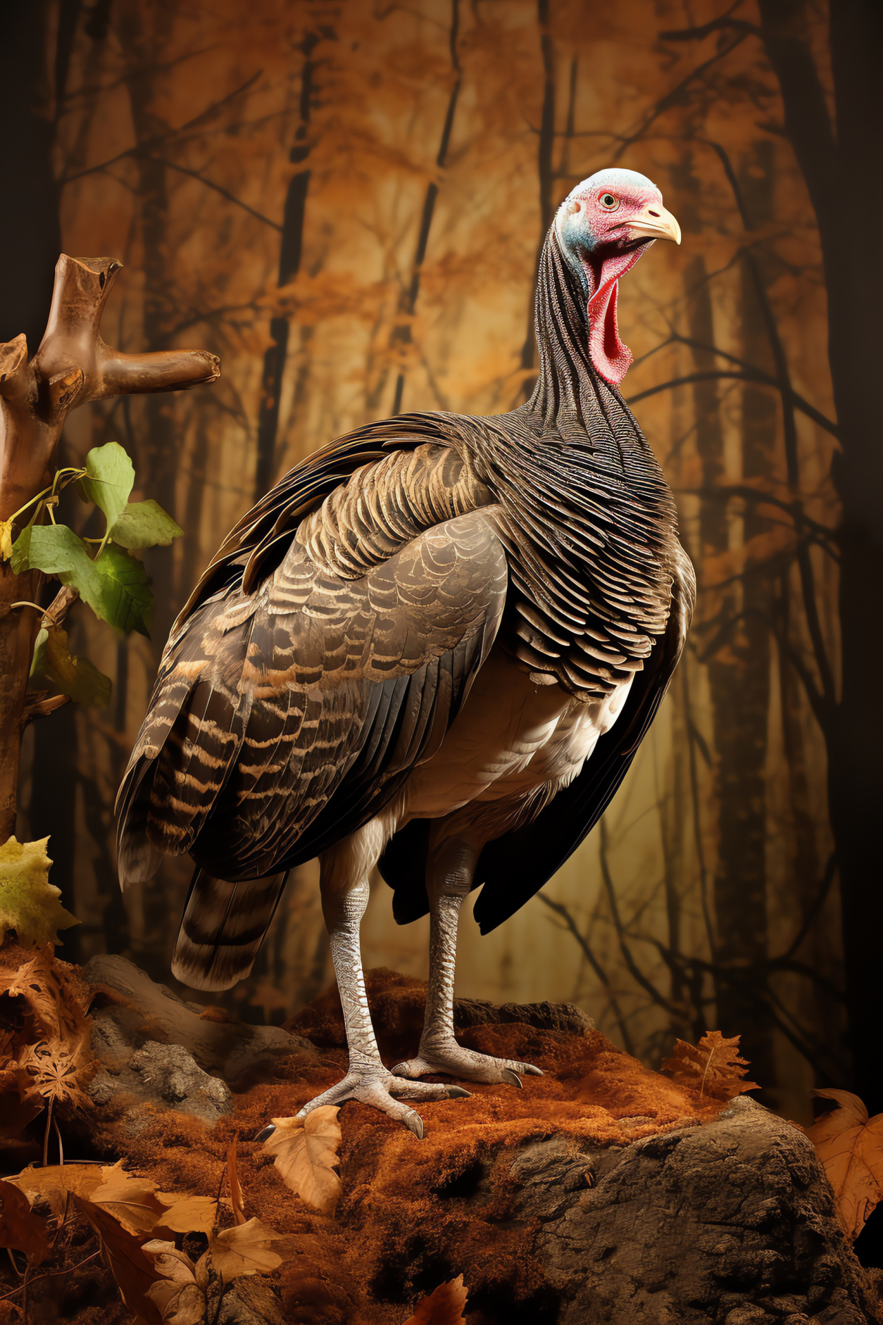 Avian display, Turkey with patterned plumage, Full profile of game bird, Stylized backdrop with avian, Earth-toned feathers, HD Phone Image