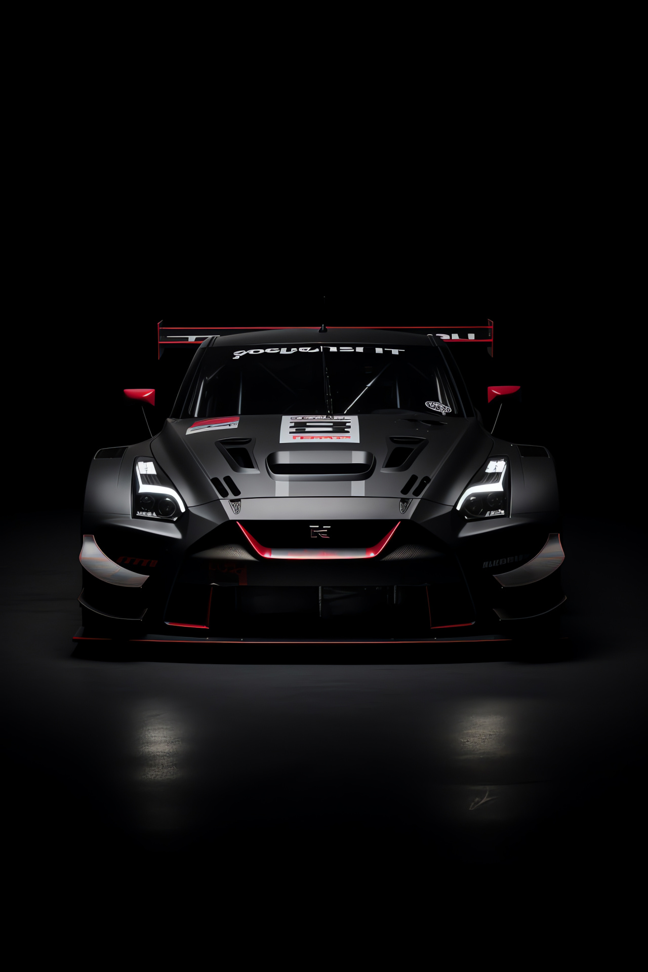 GT-R NISMO GT3 zenith, Pitch-black setting, Racecar stature, Downward perspective, Motorsport essence, HD Phone Wallpaper