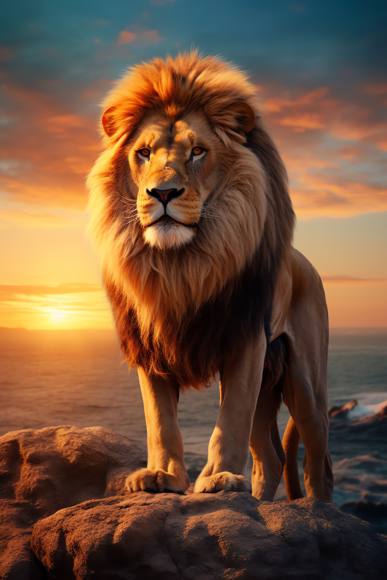 Majestic Aslan by sea, Cliffside panorama, Narnian dimension, Oceanic horizon, Fantasy film hero, HD Phone Wallpaper